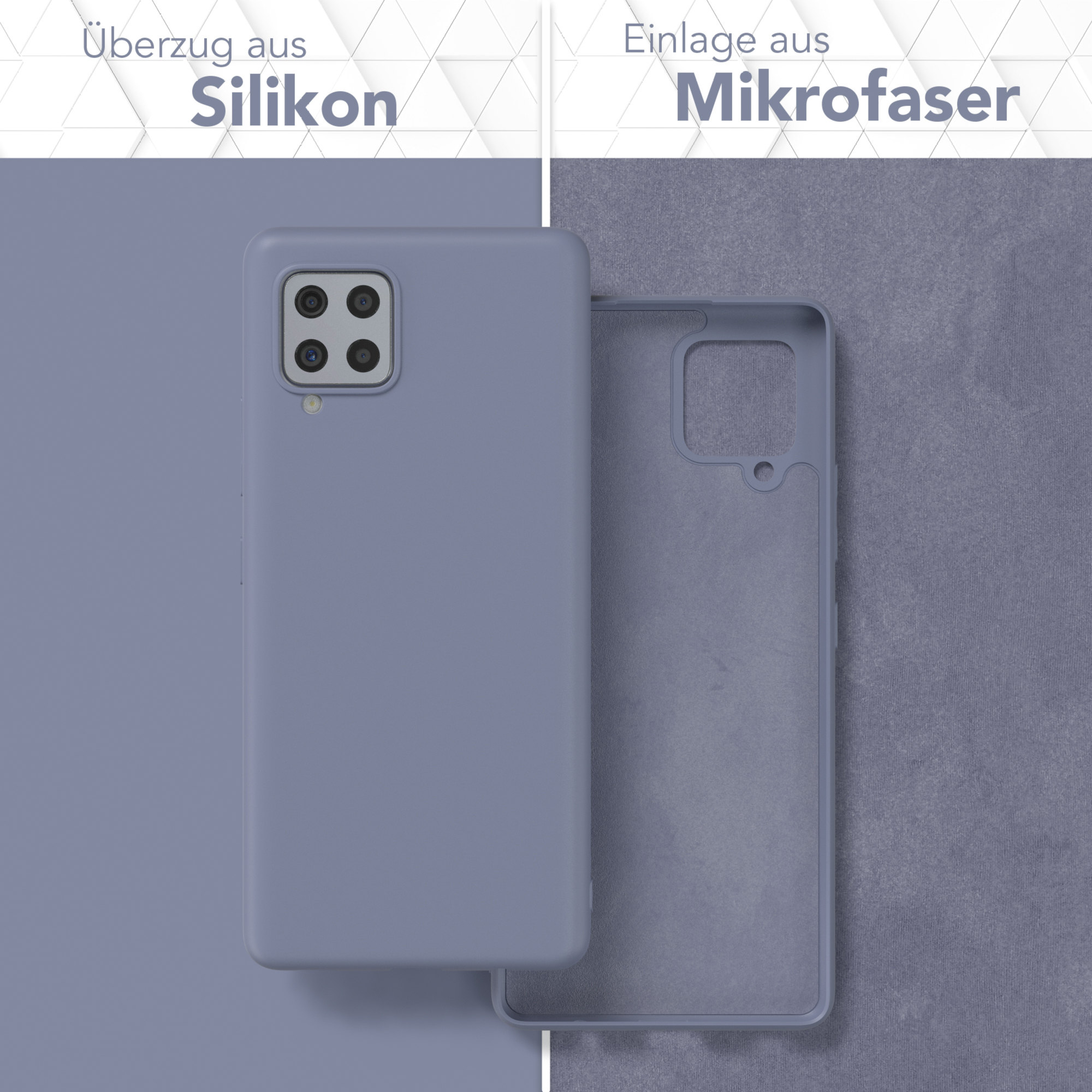 Zwei Handyhüllen: eine blaue, eine offene. Text sagt Silikon und Mikrofaser.