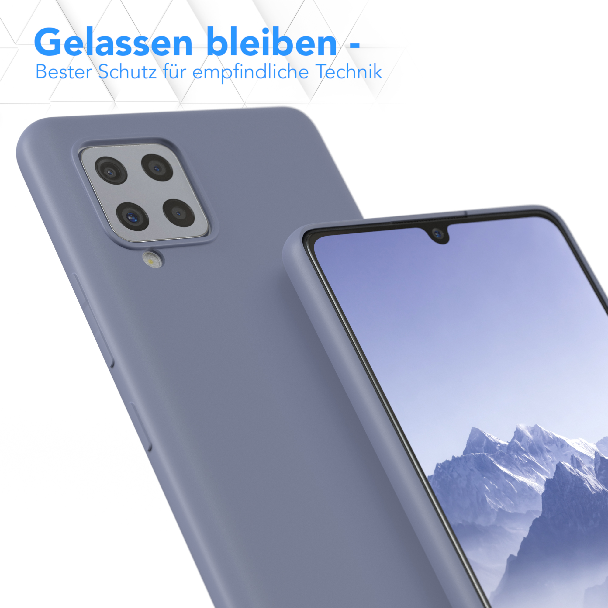 Nahaufnahme einer lavendelfarbenen Handyhülle mit Telefon im Inneren. Text: Entspannt bleiben - bester Schutz für empfindliche Technik.