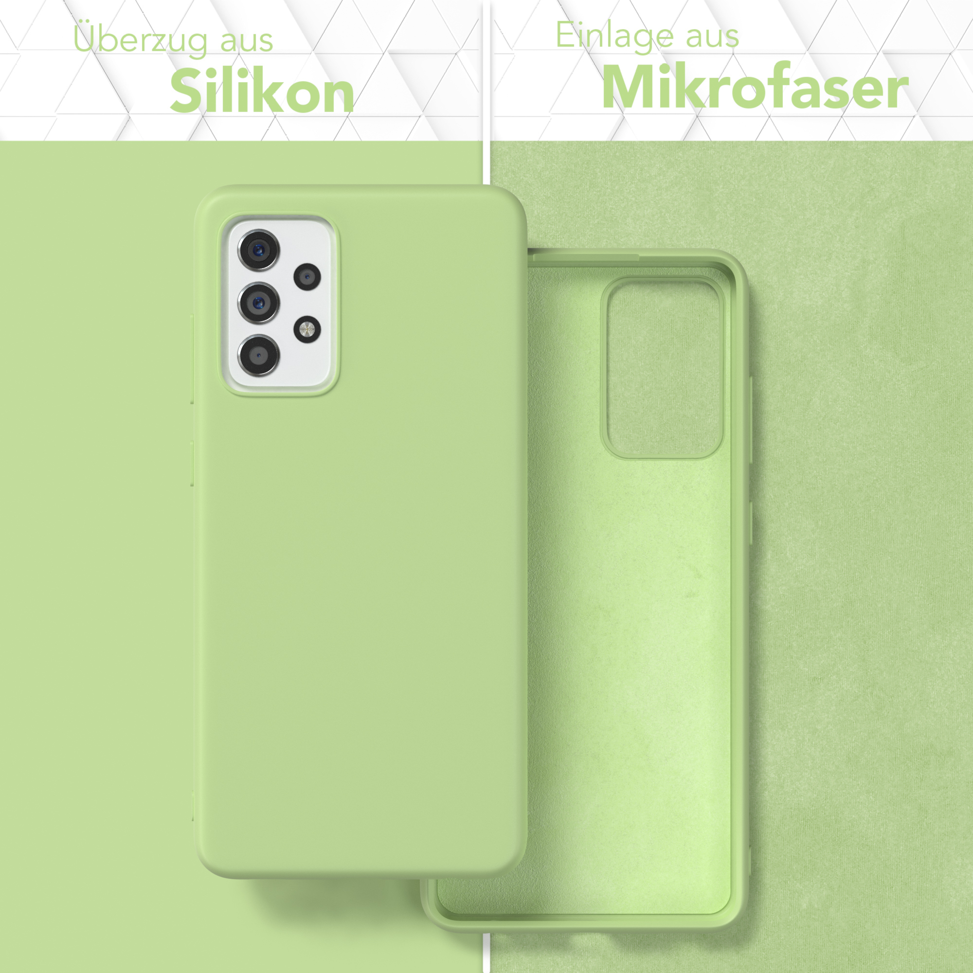 Telefonhülle mit Abdeckung. Text: Silikonhülle, Mikrofaser-Einsatz. Grüne Farbe. Das Innere der Hülle ist sichtbar.