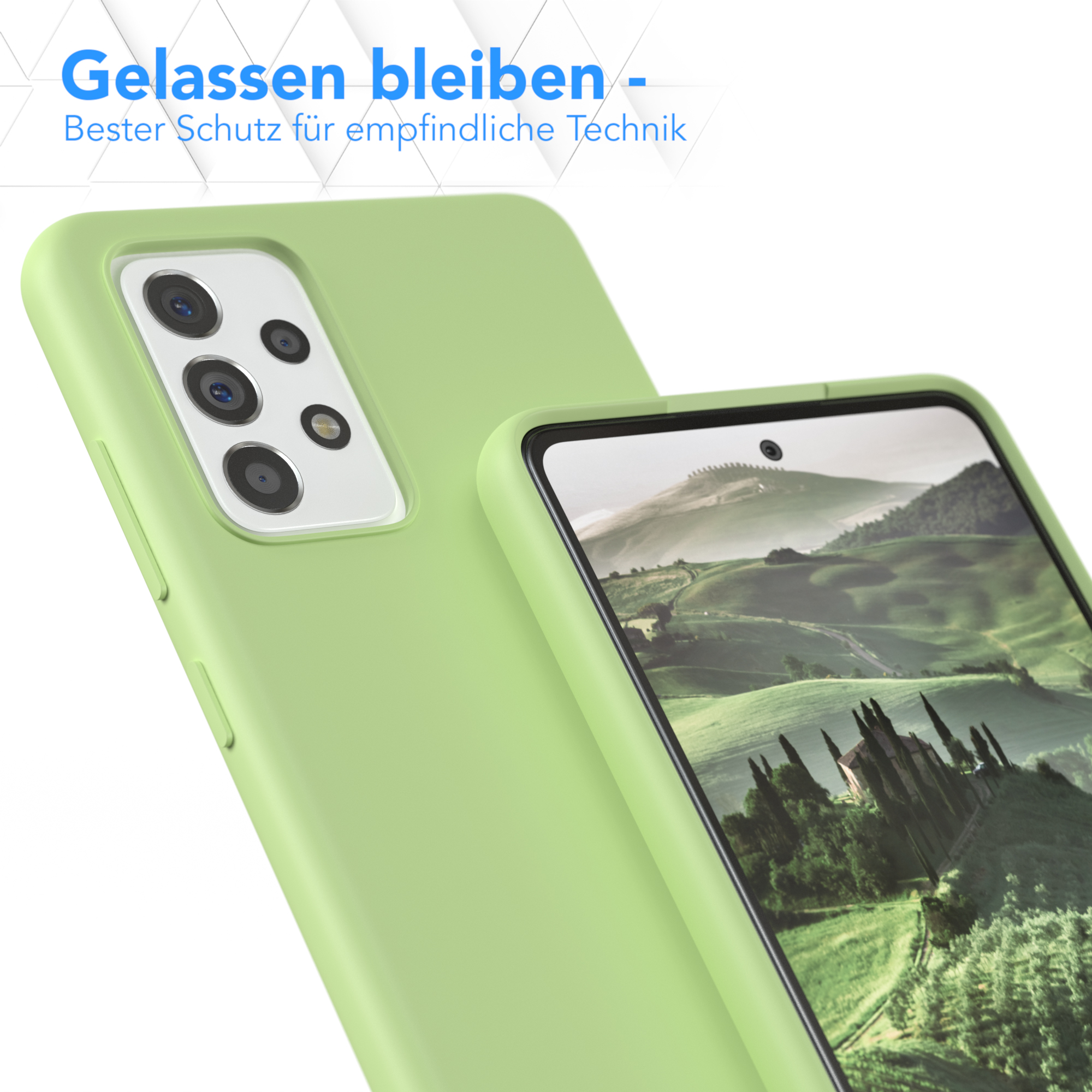Grüne Handyhülle, angewinkelt, mit einem Telefon. Das Telefon zeigt eine Landschaftsansicht.