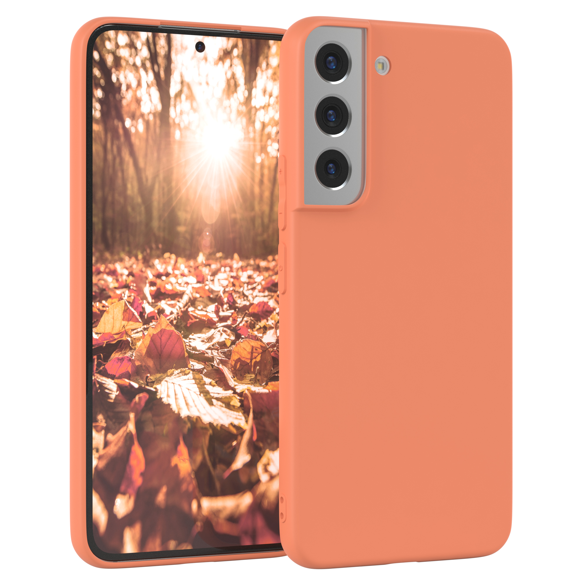Orange Handyhülle mit Telefon. Drei Kameras auf der Rückseite.