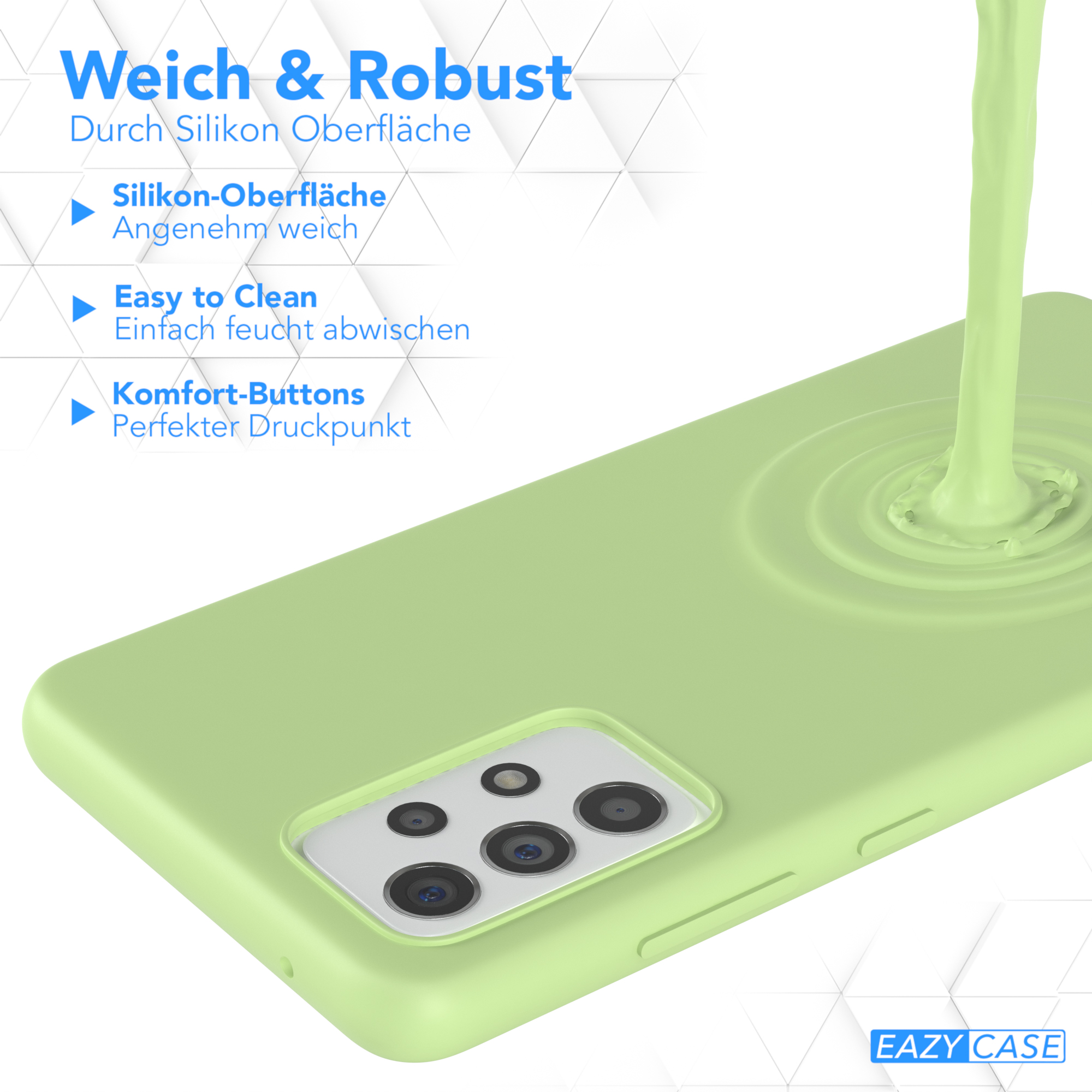 Grüne Handyhülle mit grünem Flüssigkeitsguss. Text: Weich & Robust, Easy to Clean.