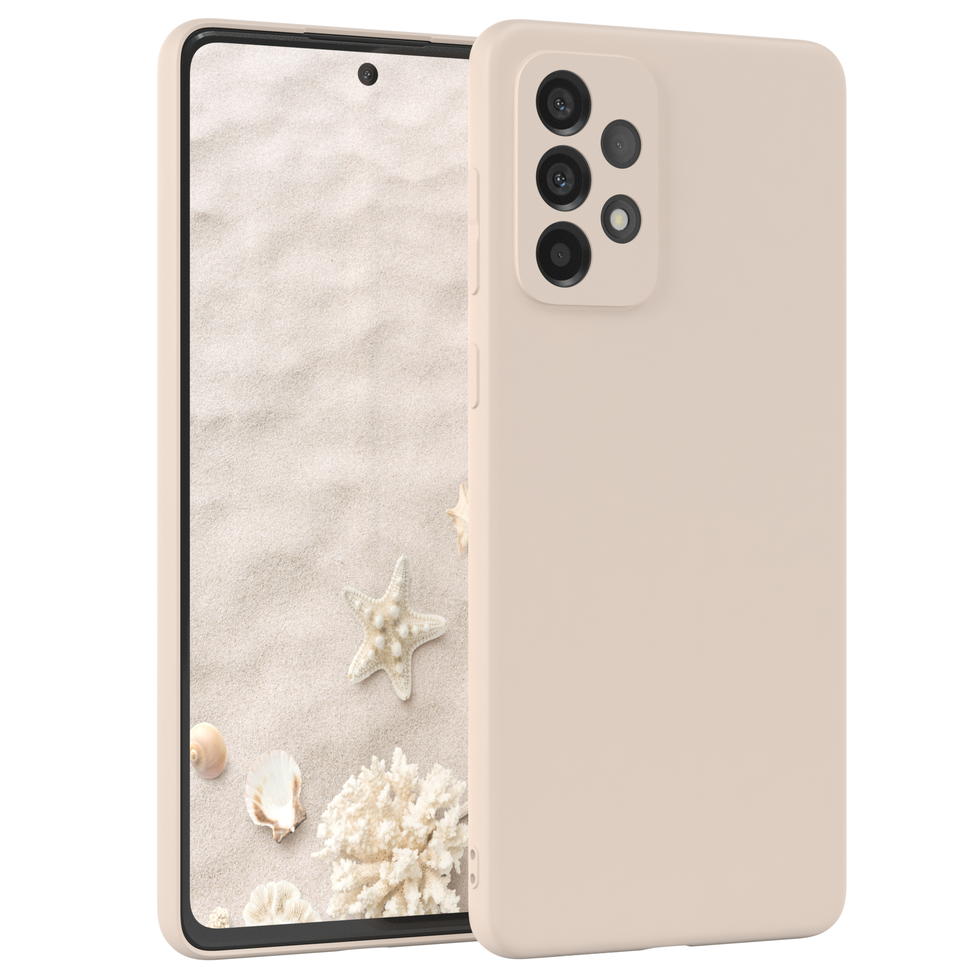 Beige Handyhülle. Bildschirm zeigt Strand, Seesterne, Korallen. Rückseite sichtbar.