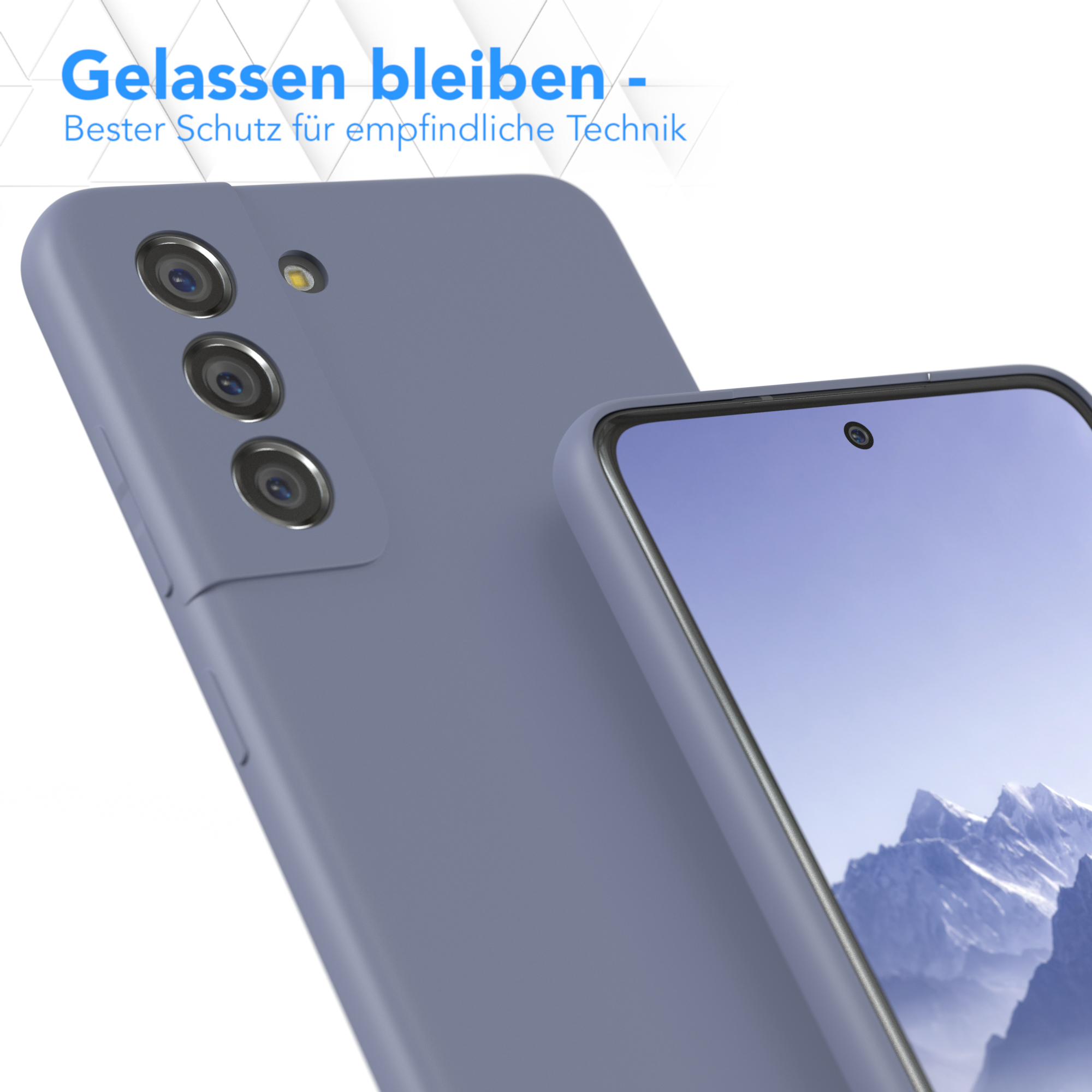 Eine Handyhülle neben einem Handy, mit verschwommenem Hintergrund. Die Handyhülle ist grau.