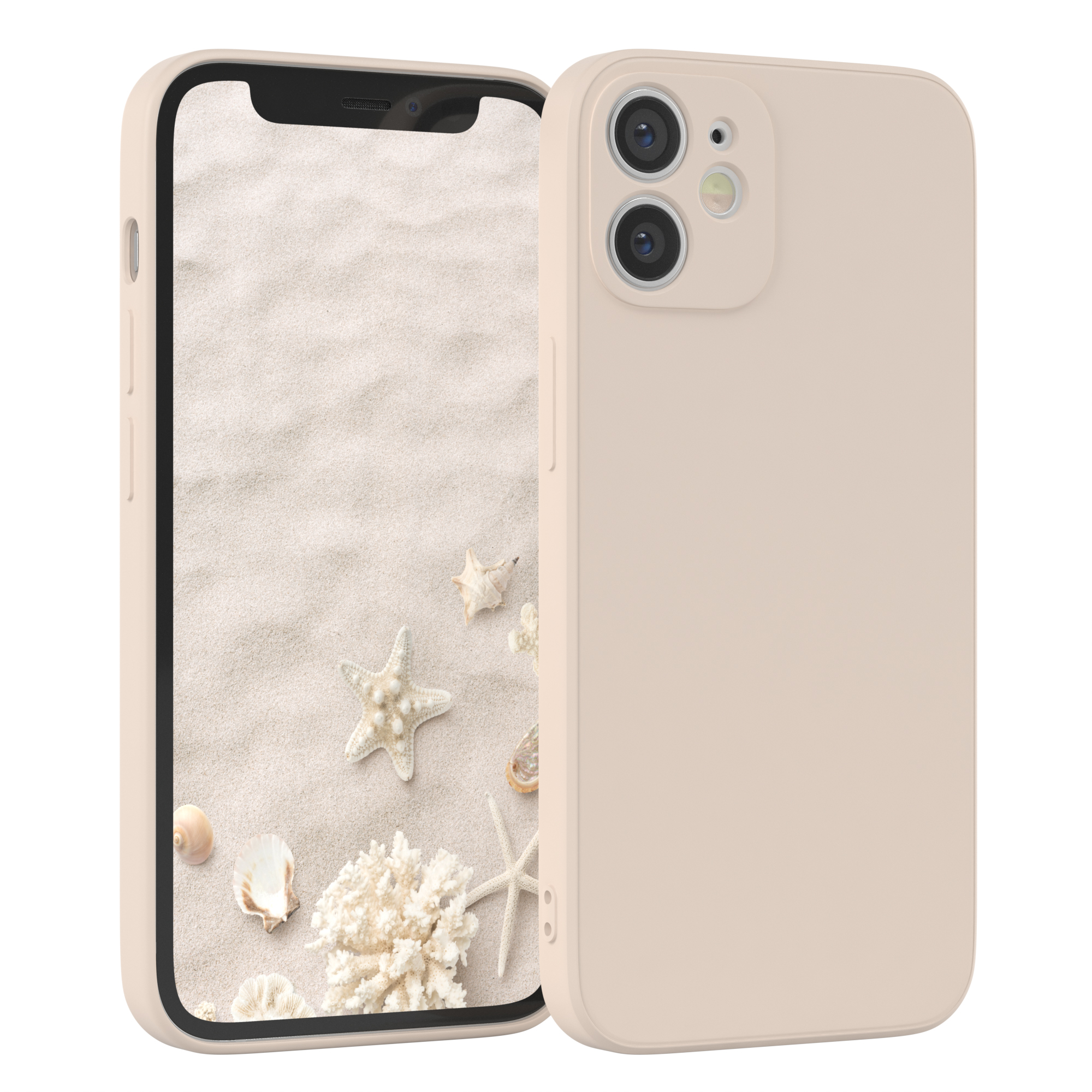 Hellrosa Telefon mit Hülle, zeigt Strand mit Muscheln und Seesternen.