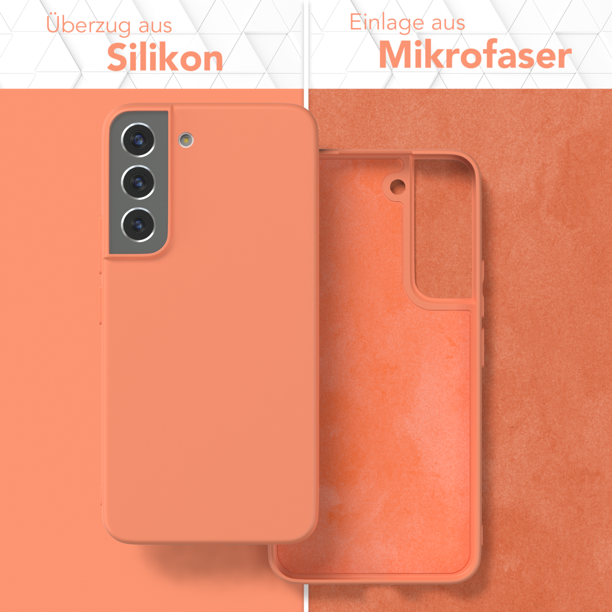 Zwei korallenfarbene Handyhüllen, eine mit eingelegtem Telefon und eine offene, die Innenseite zeigend.