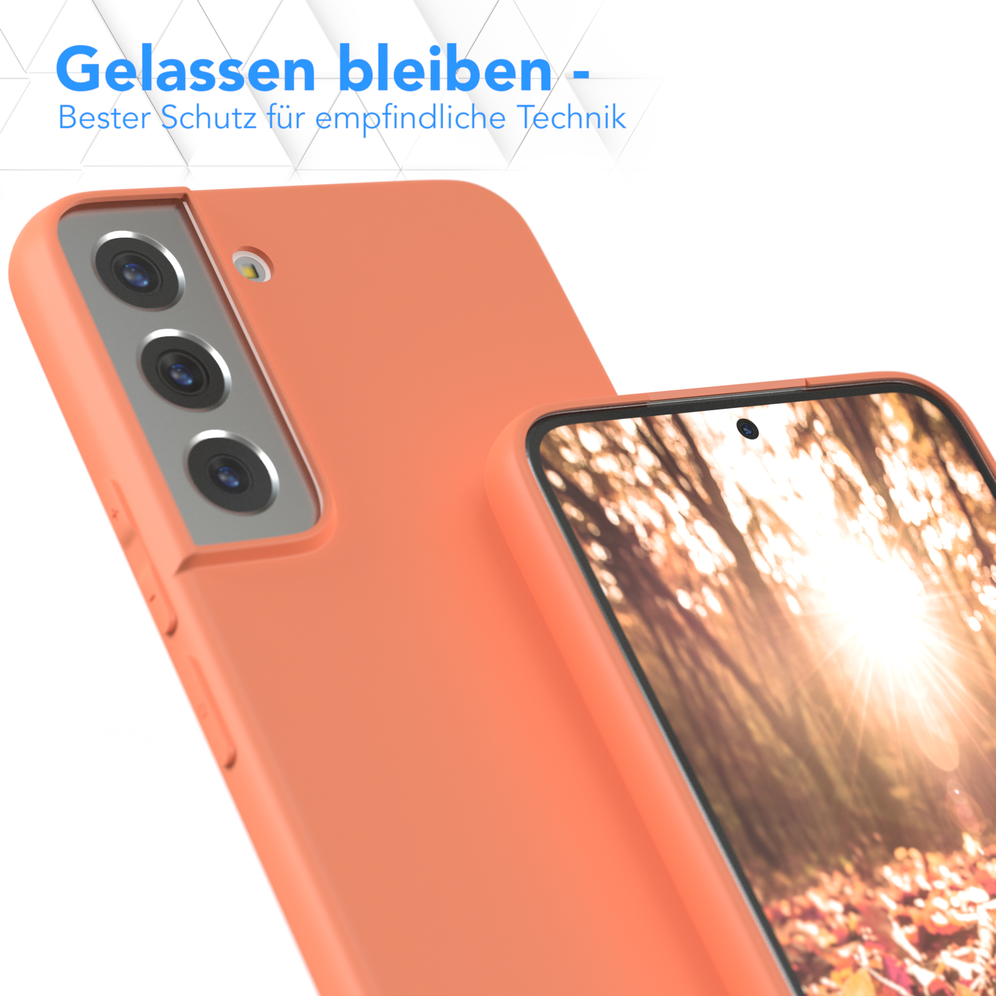 Eine orangefarbene Handyhülle mit einem Telefon, mit Text auf Deutsch.