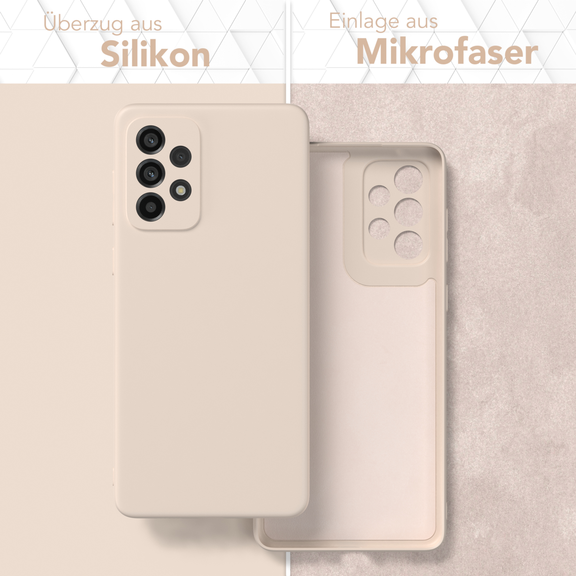 Beige Handyhülle, Silikon außen, Mikrofaser innen, auf beigem Hintergrund.