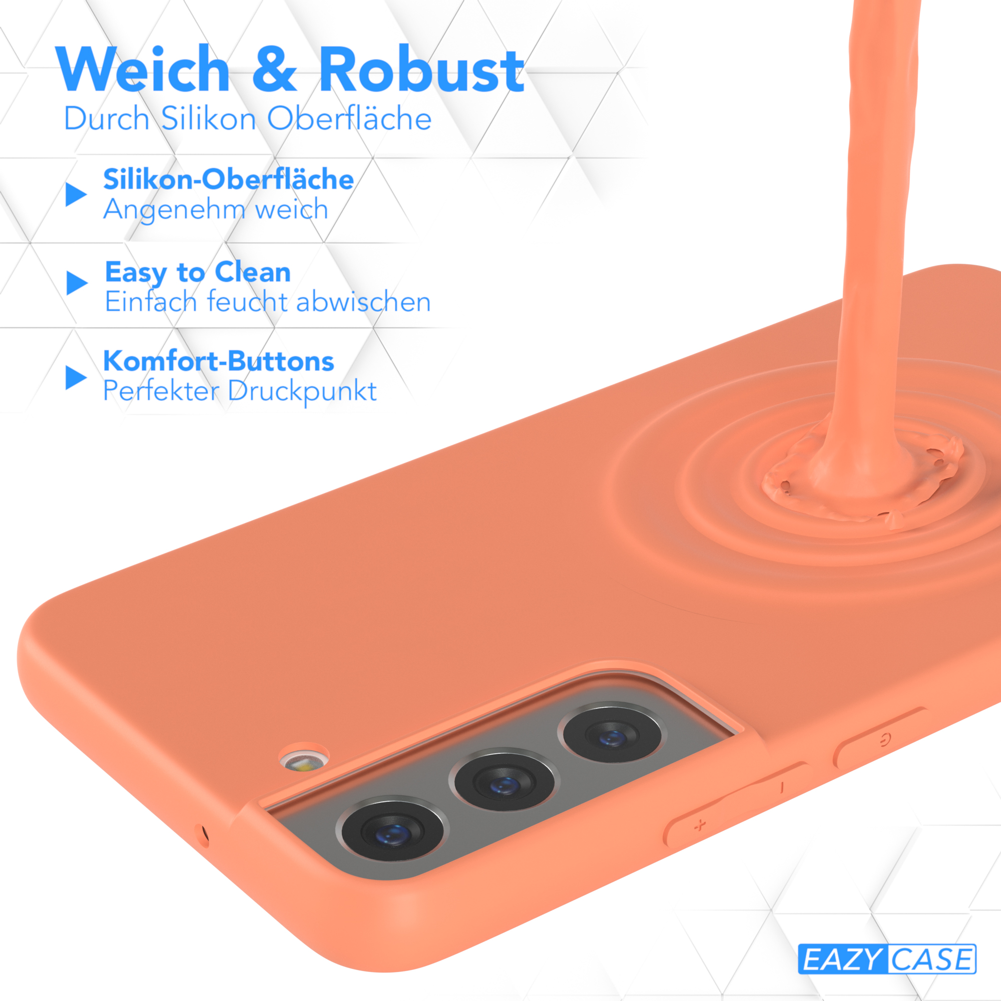 Eine orangefarbene Handyhülle mit Flüssigkeitsfluss. Die Handyhülle befindet sich auf weißem Untergrund.