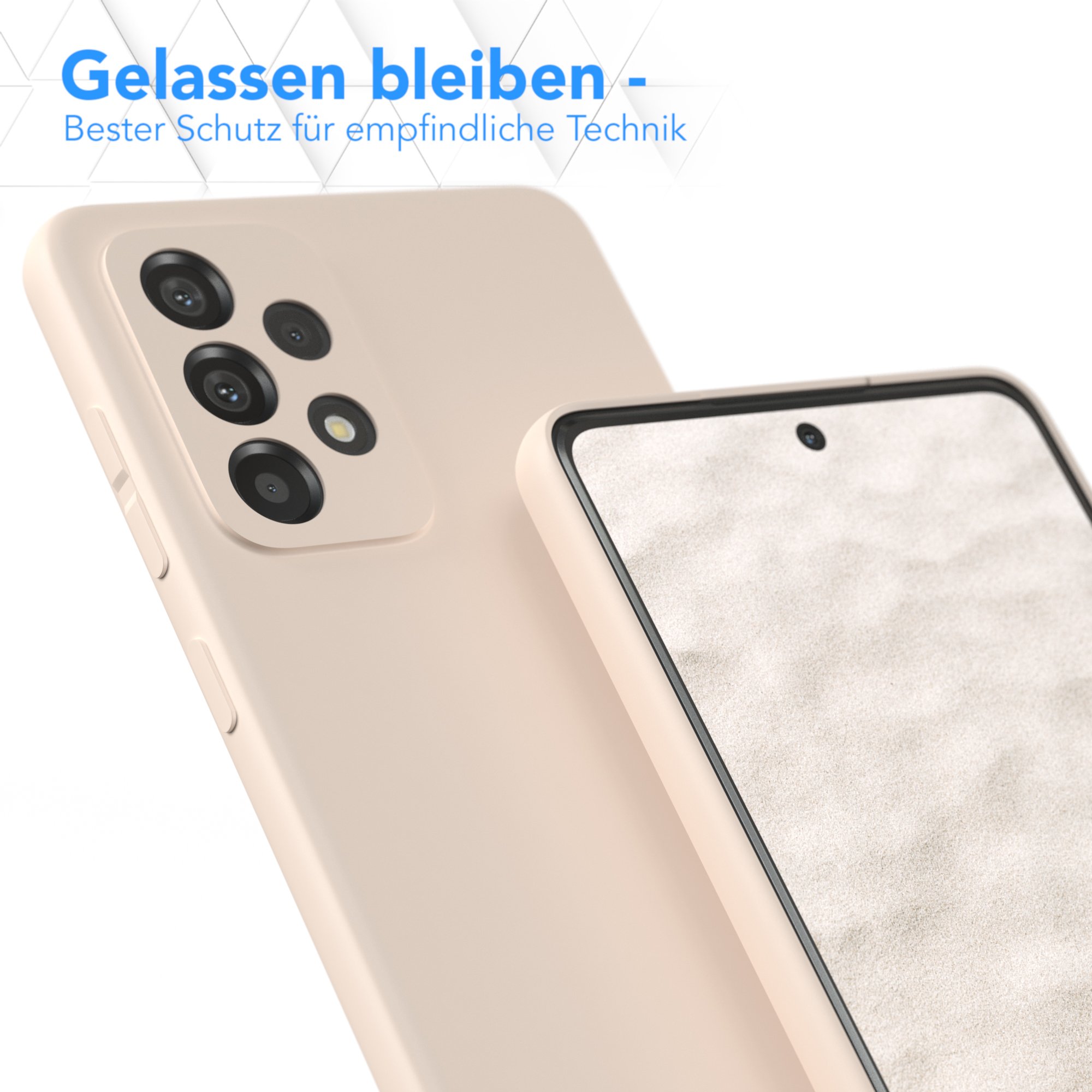 Zwei beige Telefone mit Displayschutz. Text: "Bleiben Sie ruhig - Bester Schutz für empfindliche Technologie."