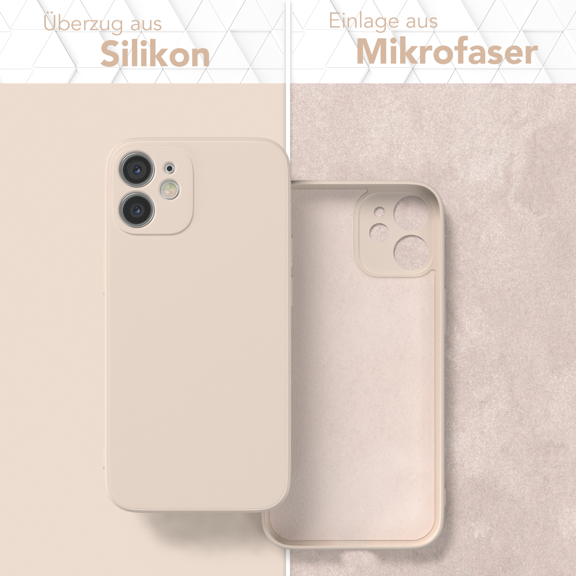 Handyhüllen, eine beige, die andere offen. Jede hat eine Silikonaußenseite und eine Mikrofaserinnenseite, zum Schutz.
