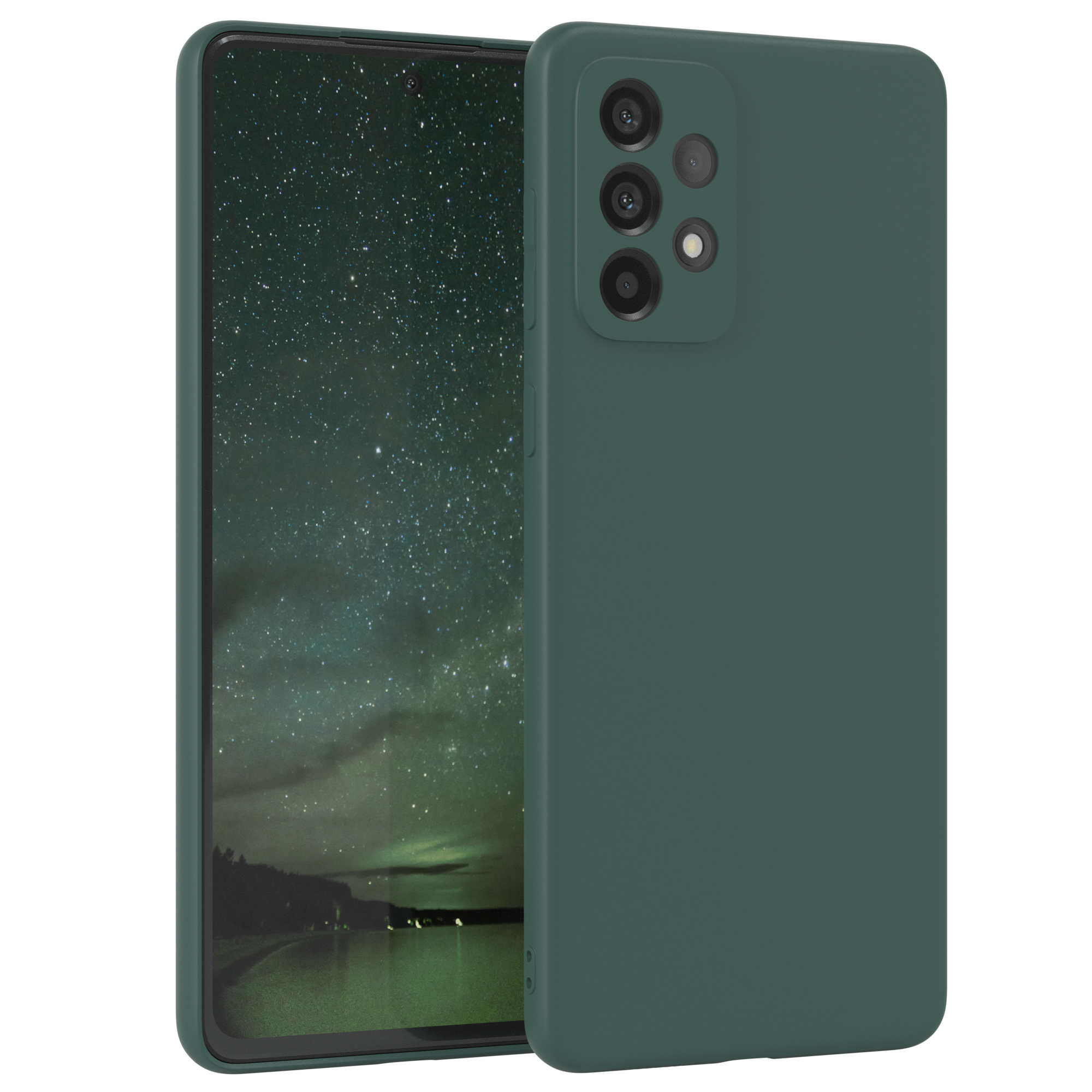 Ein grünes Telefon mit einem Bildschirm, der eine Landschaft zeigt, und einem Mehrfachkamera-Setup.
