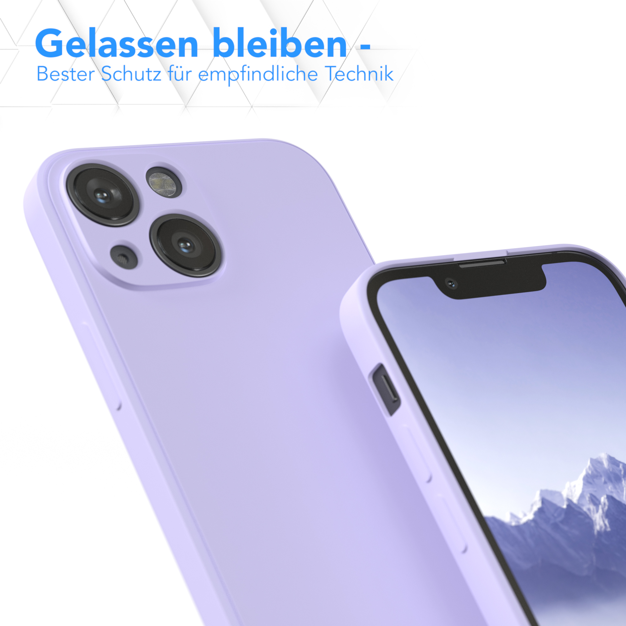 Zwei lila Handyhüllen. Text: Bleib ruhig - bester Schutz für empfindliche Technik. Telefon rechts.