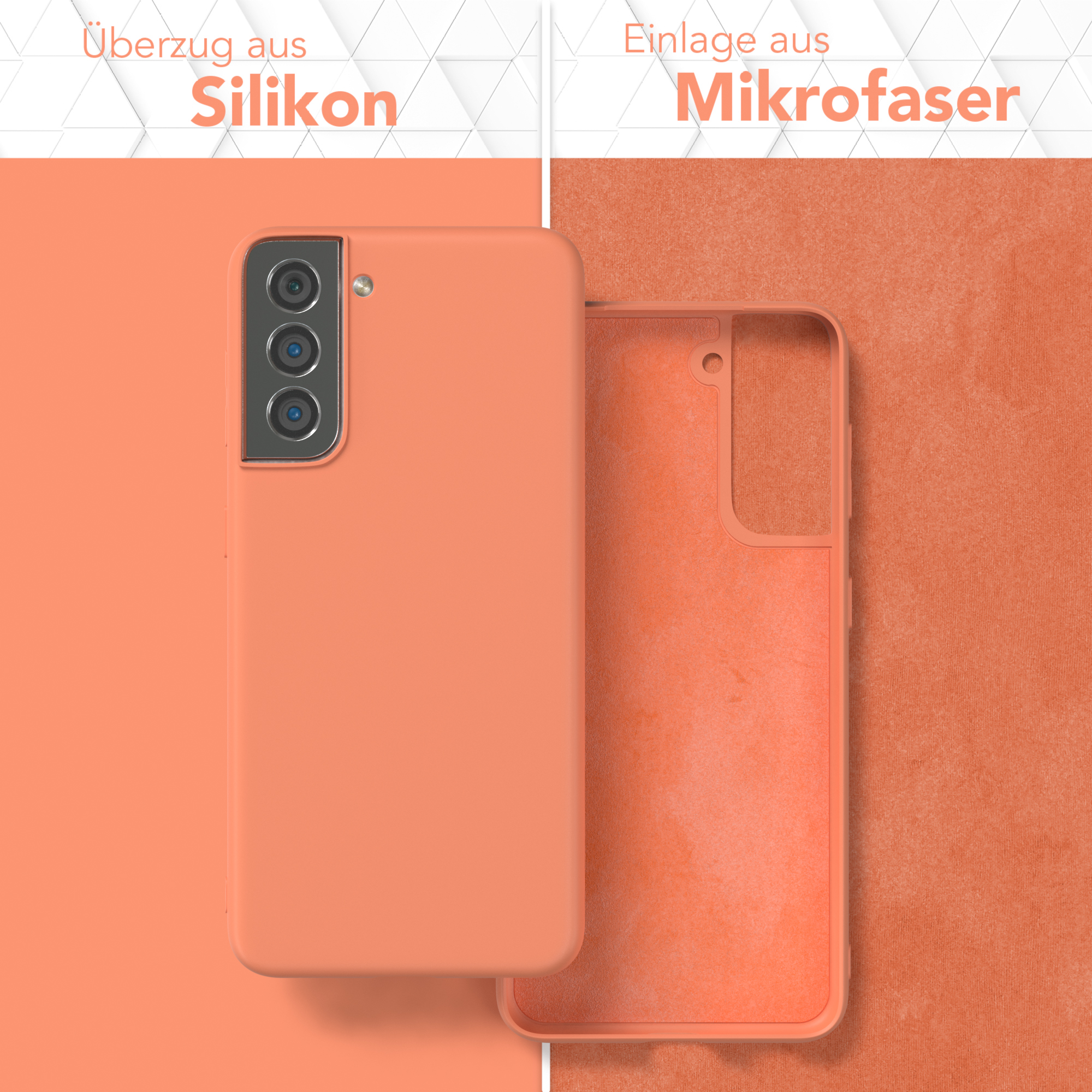 Orangene Handyhülle mit Silikon-Außen- und Mikrofaser-Innenseite, auf gleichfarbigem Hintergrund.