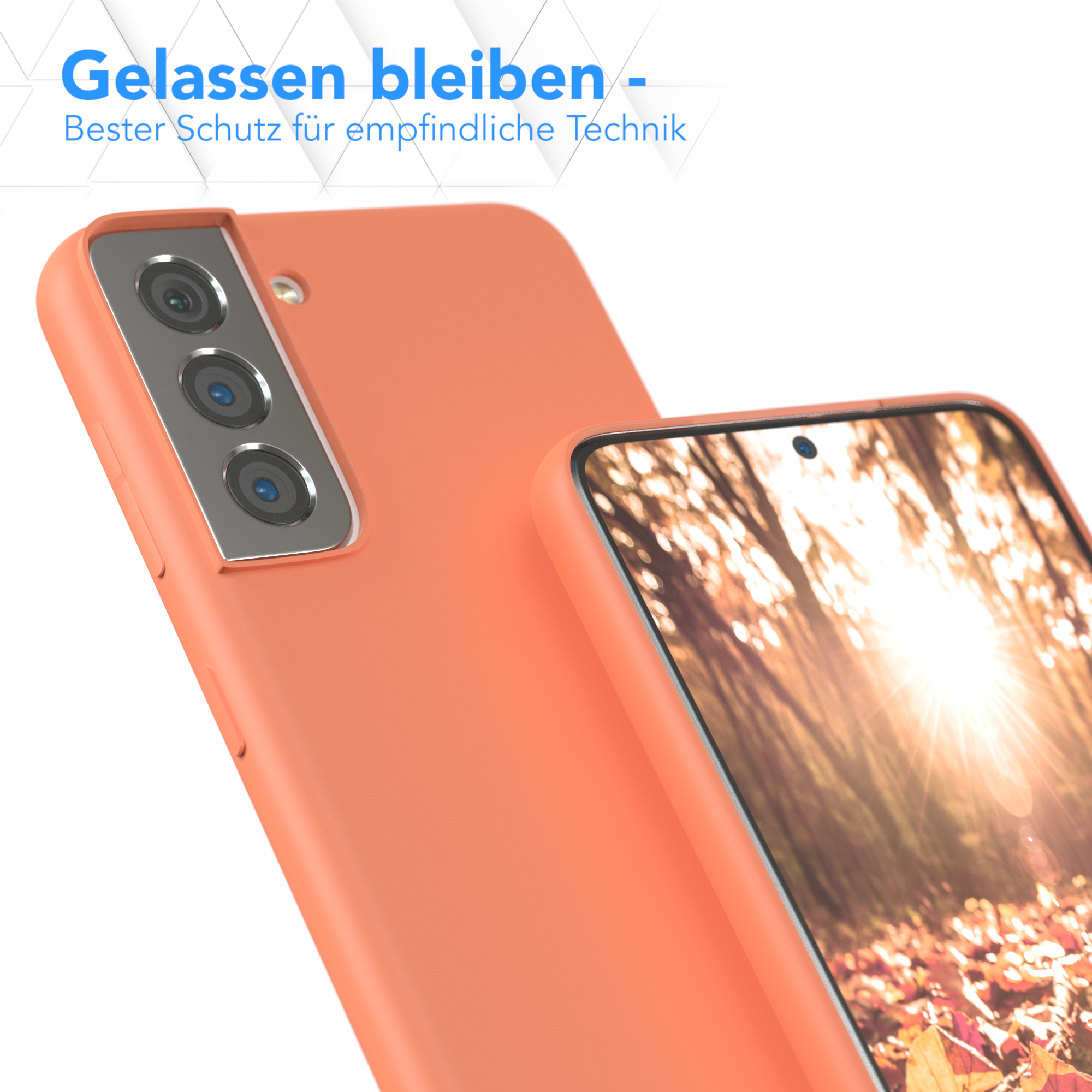 Orangefarbene Handyhülle mit Telefon, zeigt Details von Rückseite und Seite.