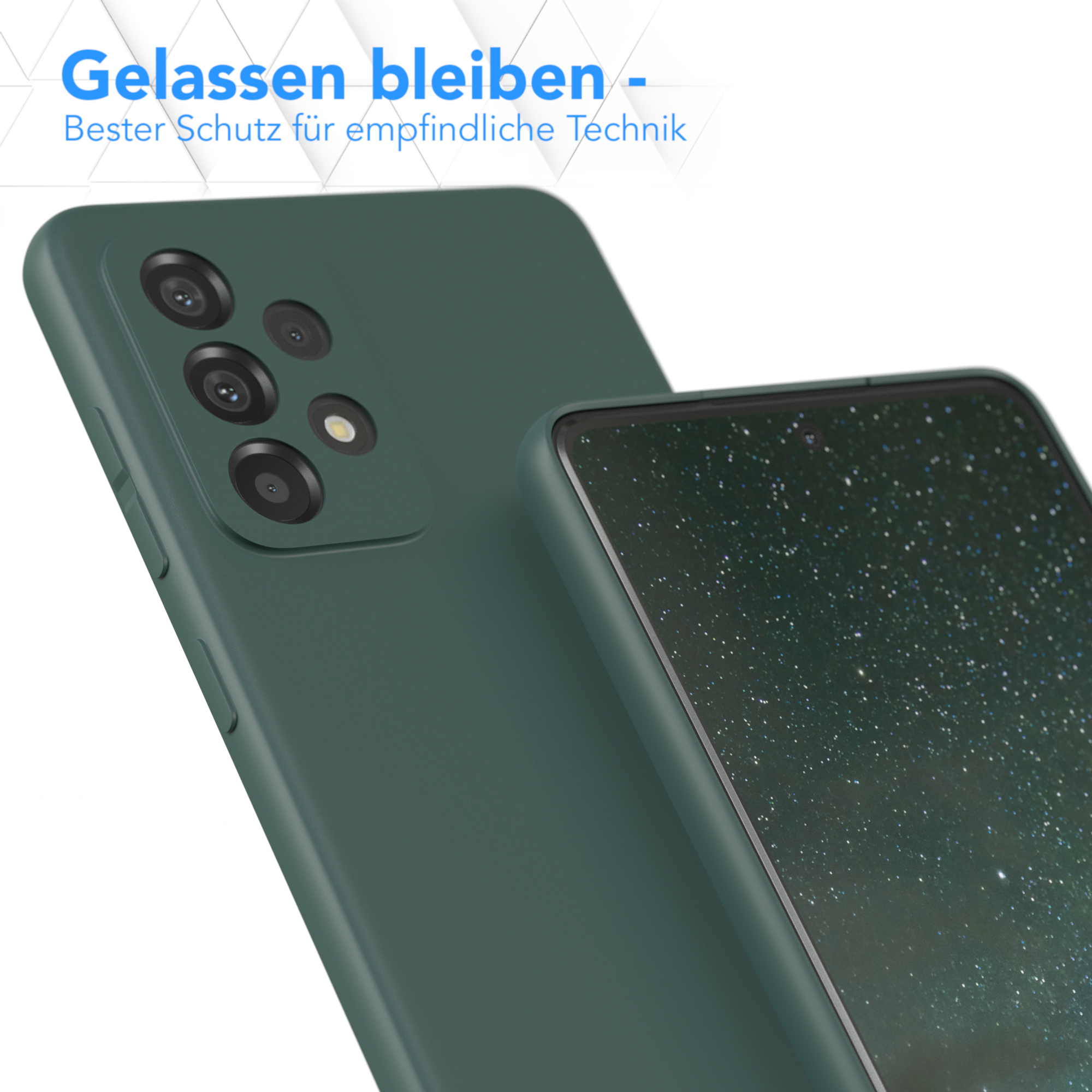 Eine dunkelgrüne Handyhülle wird auf einem Handy gezeigt. Die Hülle ist auf dem Telefon.