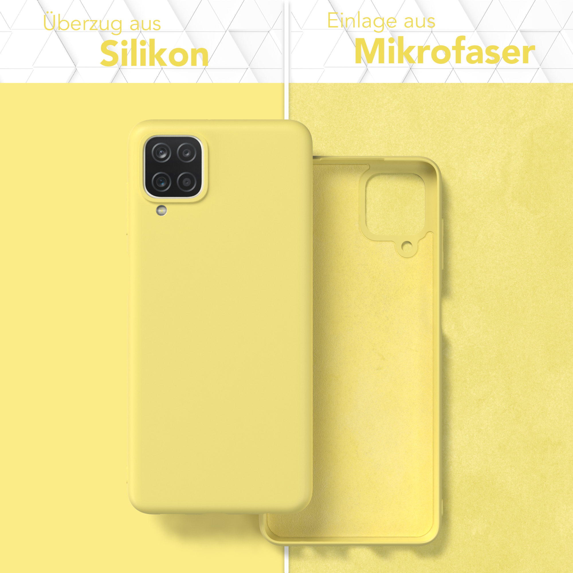 Zwei Handyhüllen, eine mit Telefon, beide gelb, mit Text oben, der Silikon und Mikrofaser sagt.
