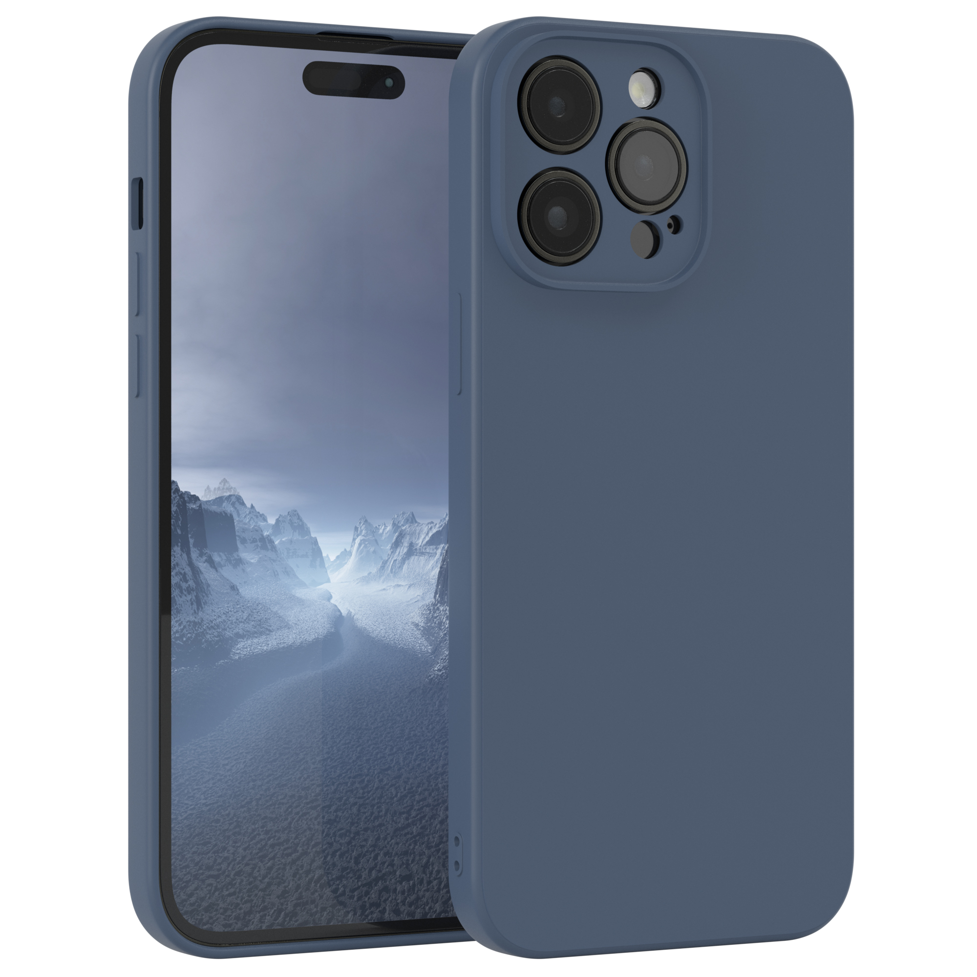 Blaue Handyhülle mit Telefon. Das Telefon zeigt einen Bildschirm.