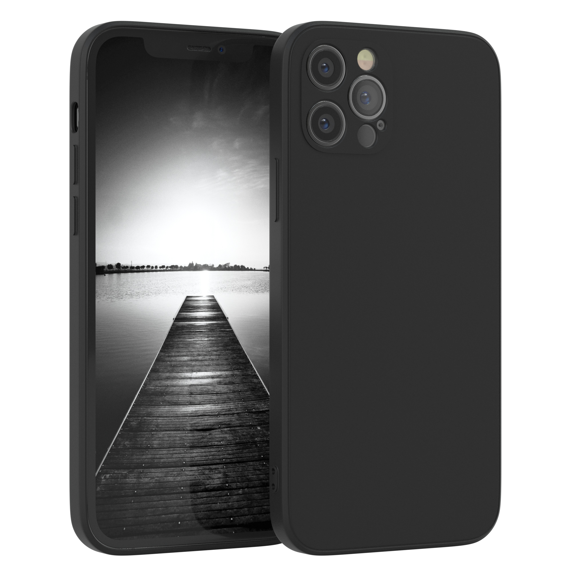 Schwarze Handyhülle mit Handy, das einen Dock im See zeigt. Rückseite sichtbar.