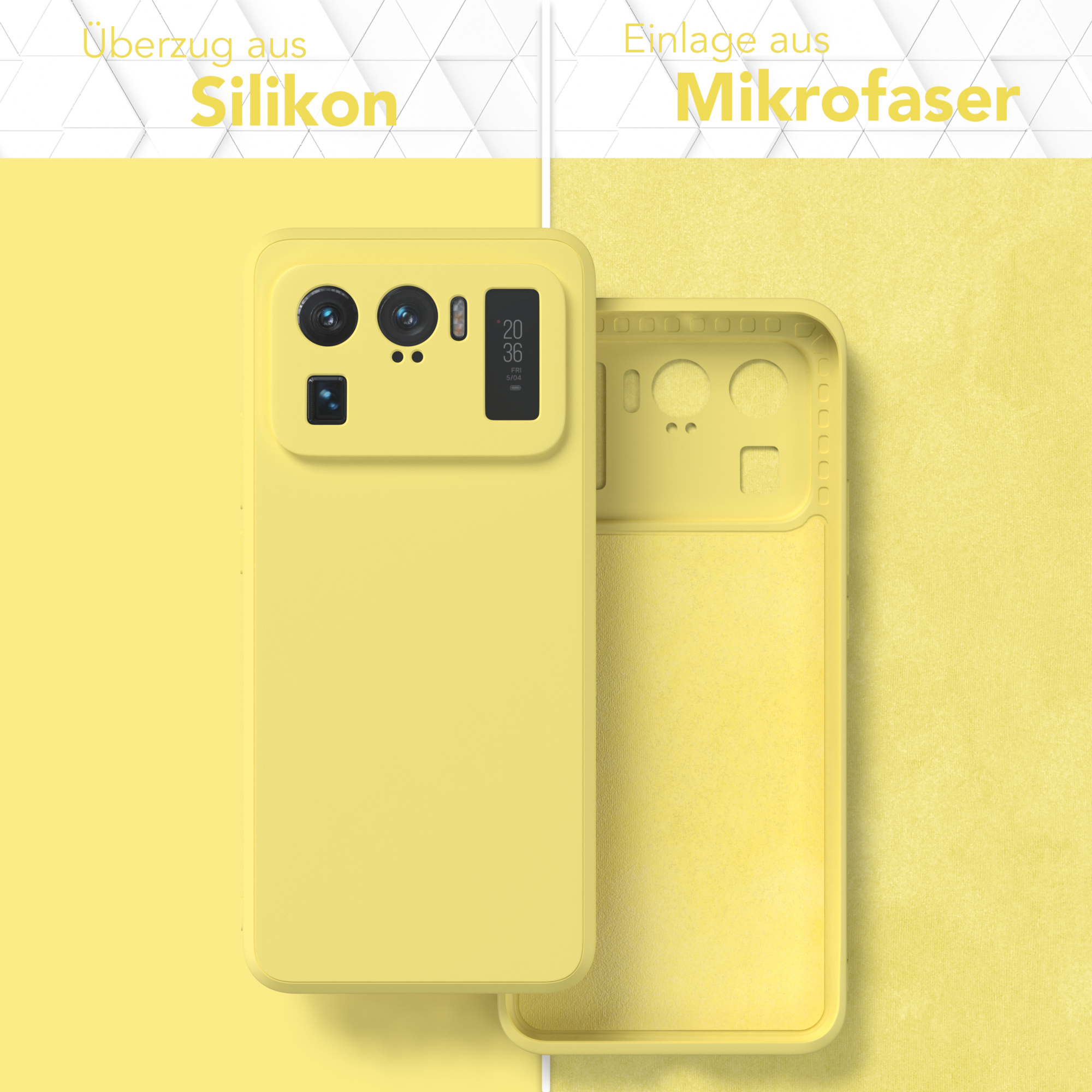 Gelbes Telefon, Hülle und Innenseite. Text: Silikonbezug, Mikrofaser-Einsatz. Zwei Hälften einer Handyhülle.