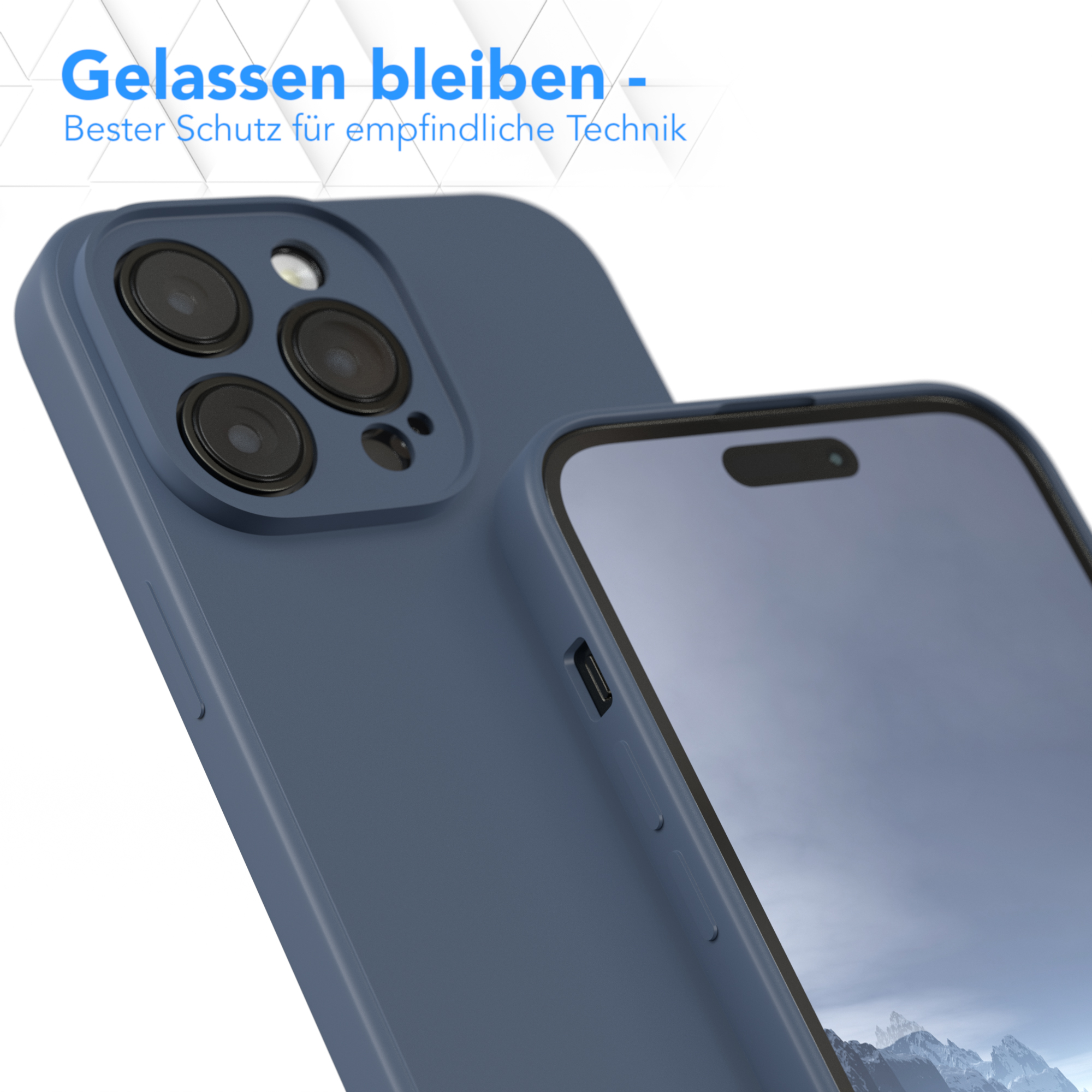 Dunkelblaue Handyhülle mit Kameralinsen. Im Hintergrund eine weitere Hülle. Deutscher Text: 'Bleib ruhig'.