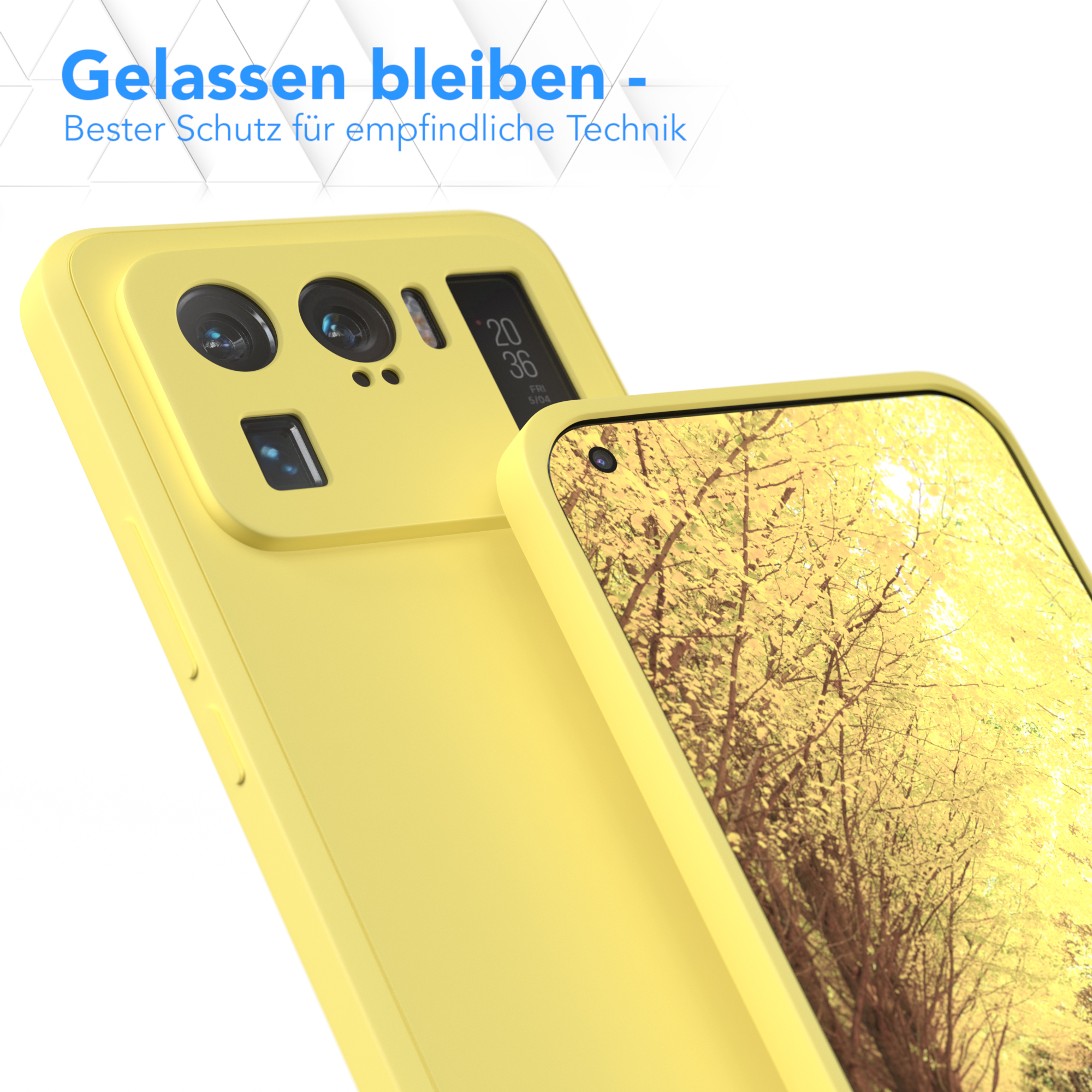 Gelbe Handyhülle mit gelbem Hintergrund und einem Telefon.