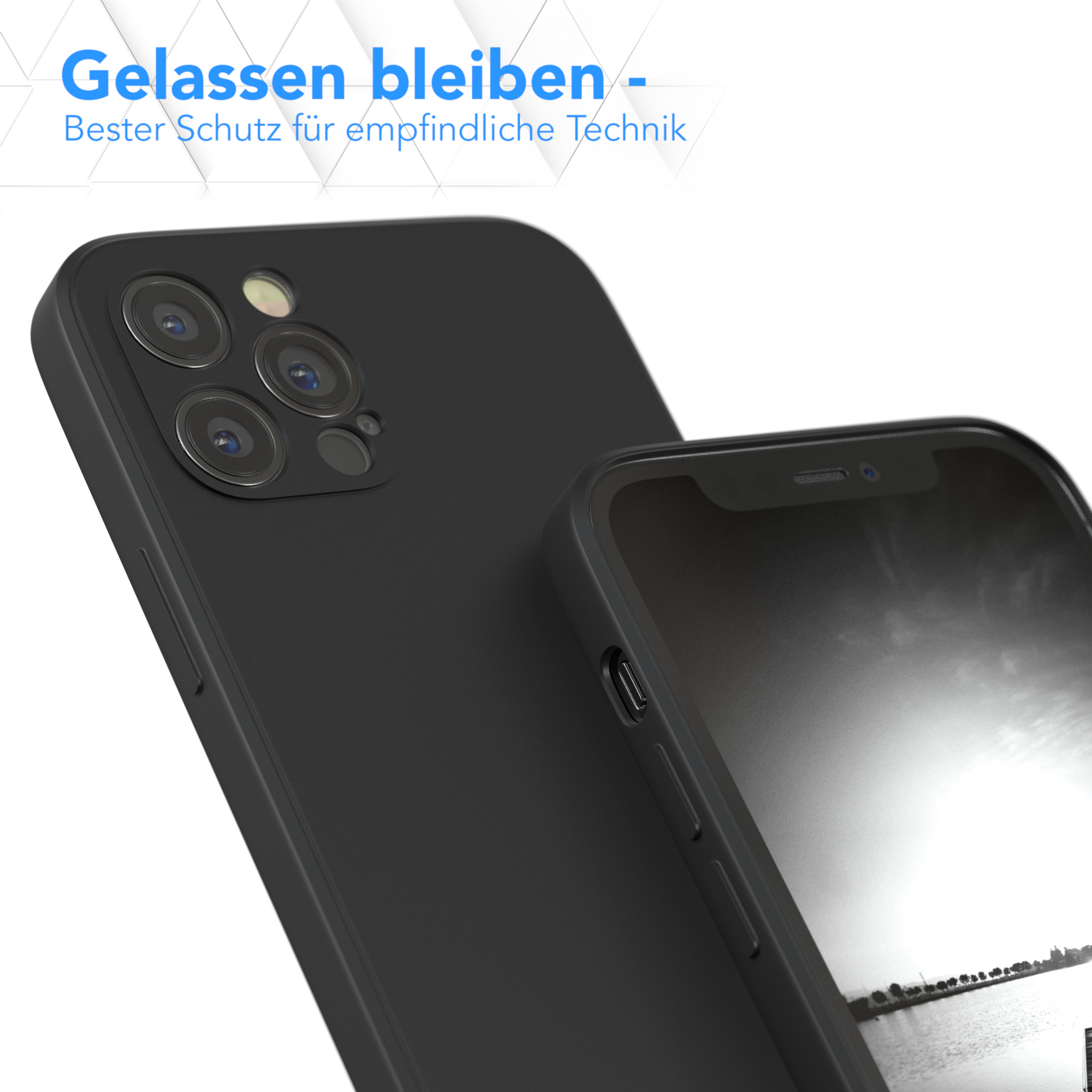 Schwarze Handyhülle. Text: Bleib ruhig - bester Schutz für empfindliche Technik. Telefon rechts.