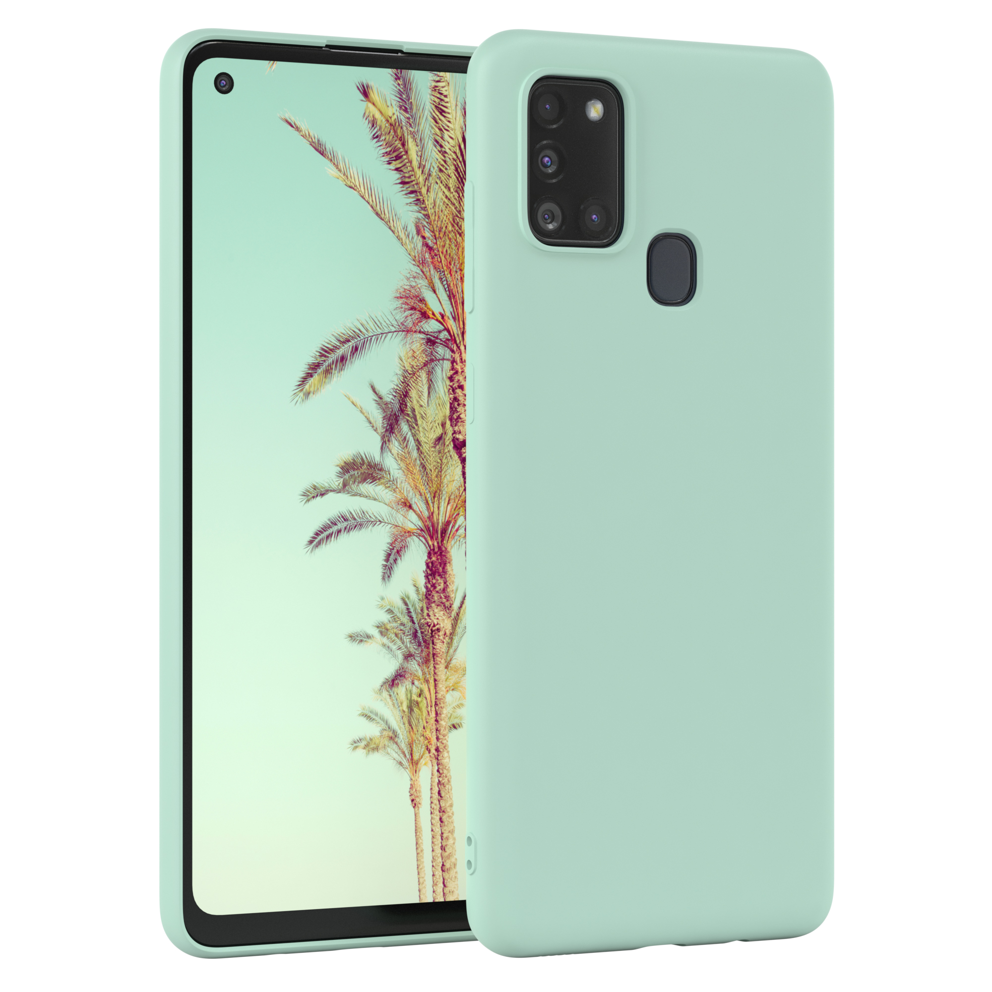 Telefon mit hellgrüner Hülle. Palmen sind auf dem Telefonbildschirm.
