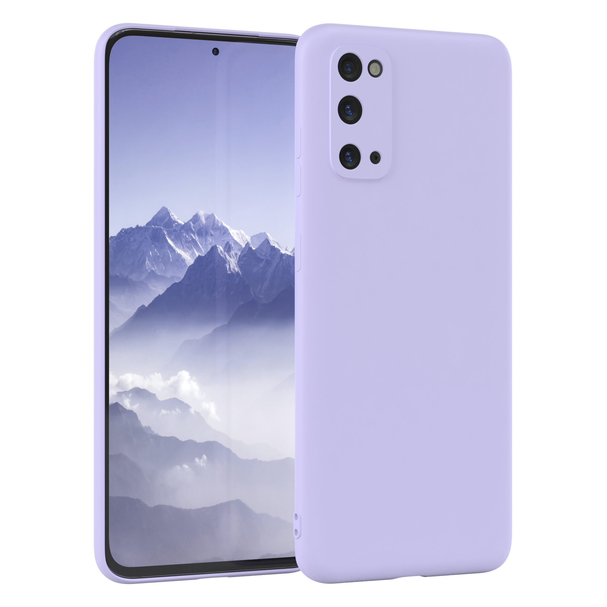 Lila Telefon und Hülle, zeigt eine Berglandschaft.