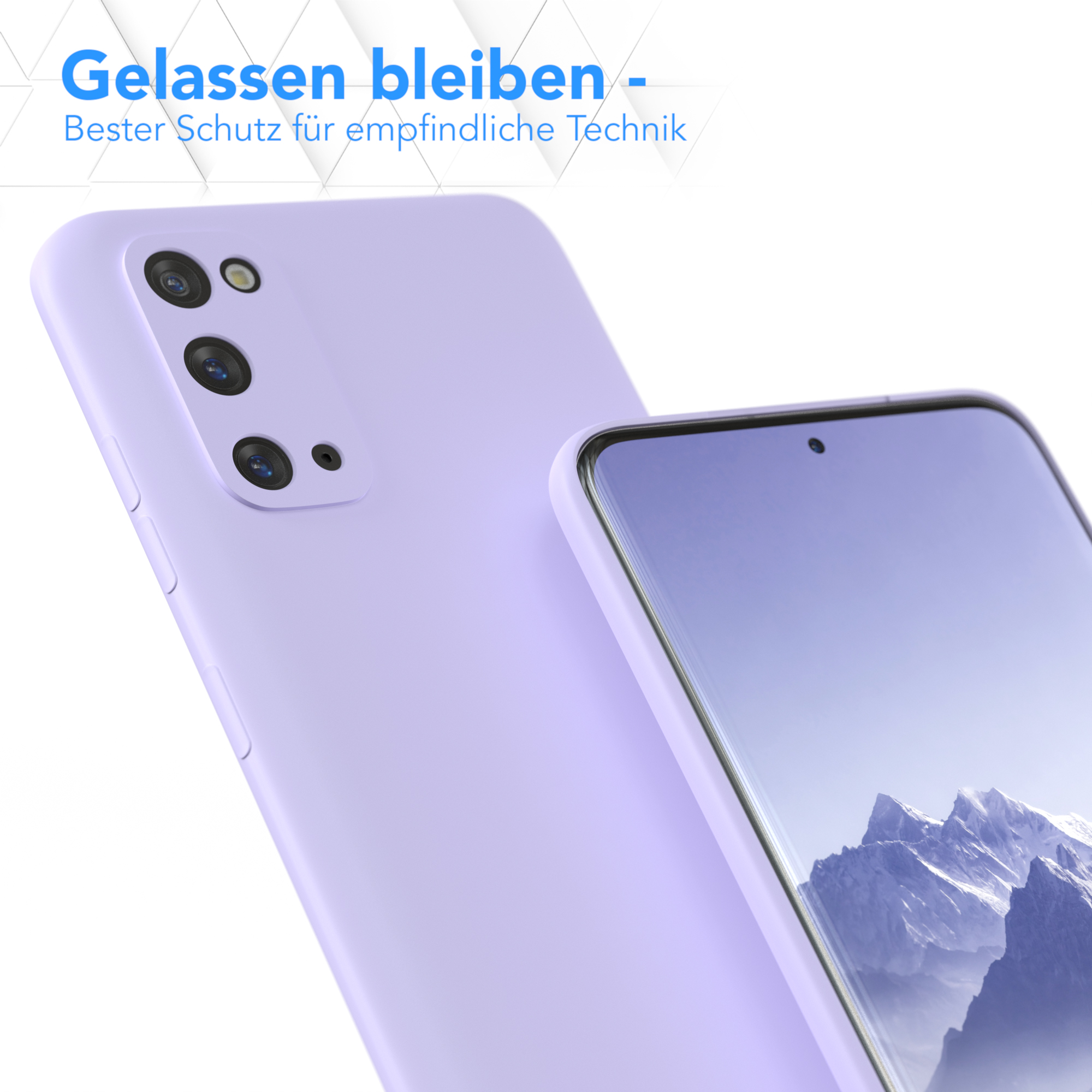 Nahaufnahme einer lila Handyhülle und eines Telefons. Die Handyhülle befindet sich neben dem Telefon.