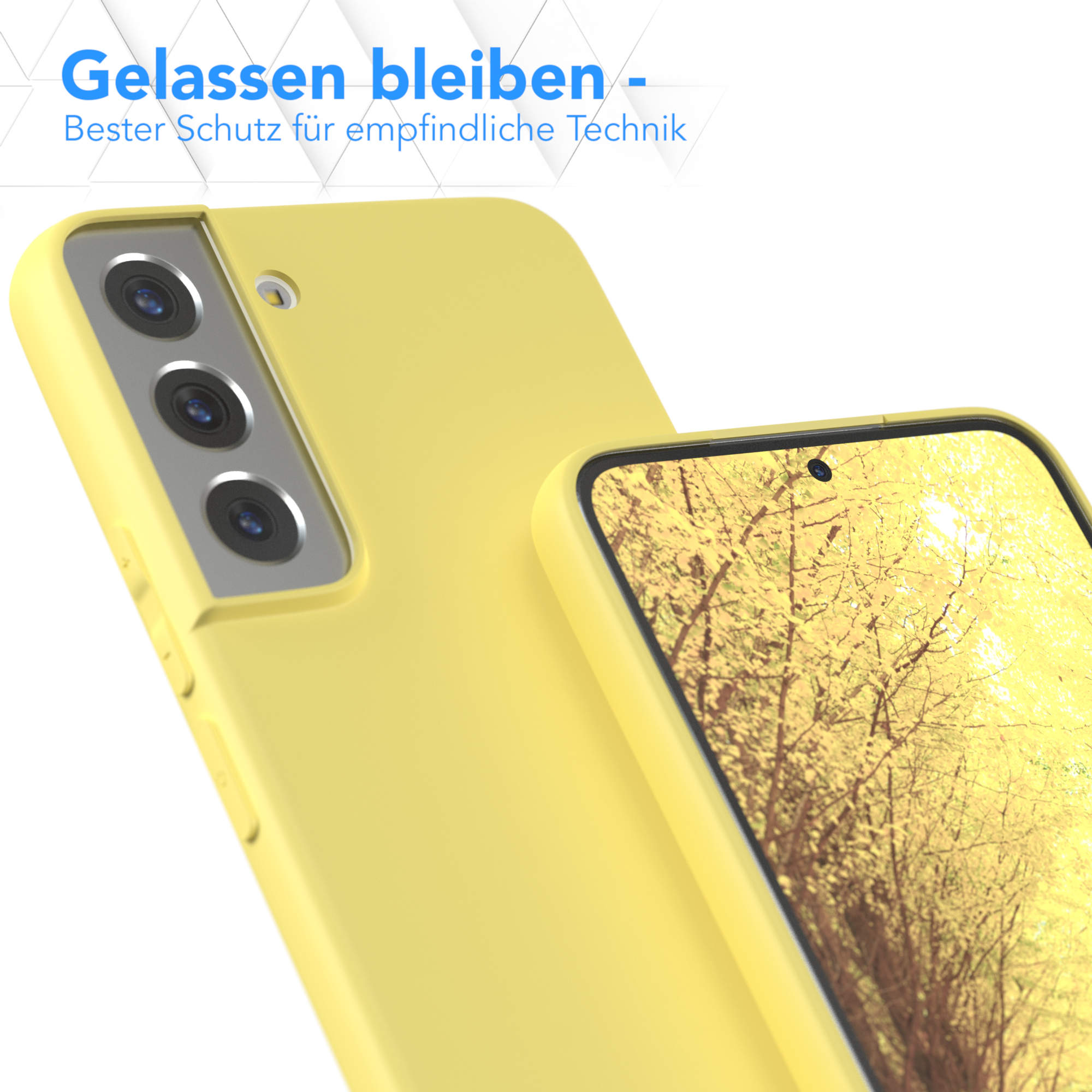 Eine gelbe Handyhülle vor einer anderen, mit dem Text Gelassen bleiben und Bester Schutz.