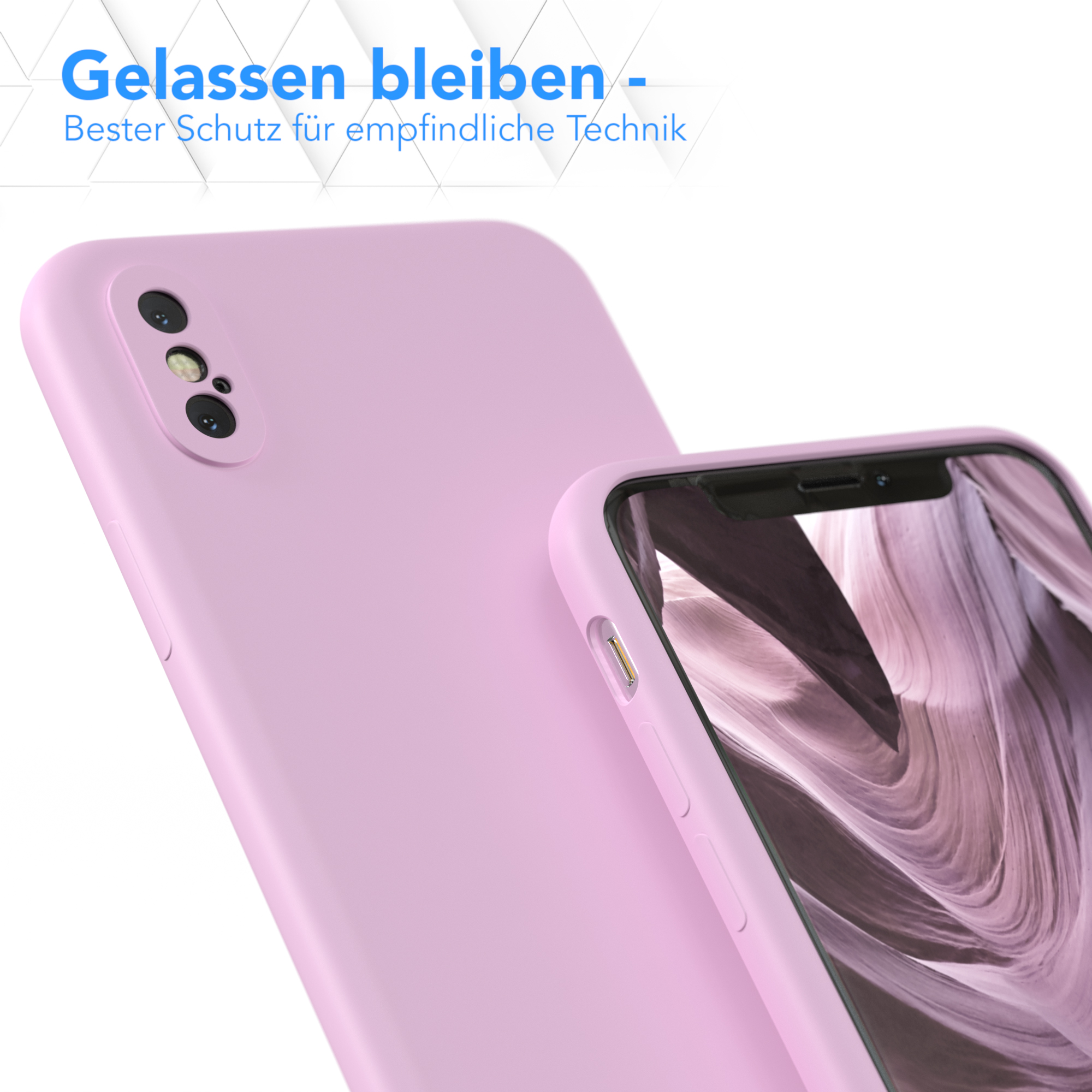 Rosa Handyhülle mit Gerät. Text: Gelassen bleiben - Bester Schutz für empfindliche Technik.