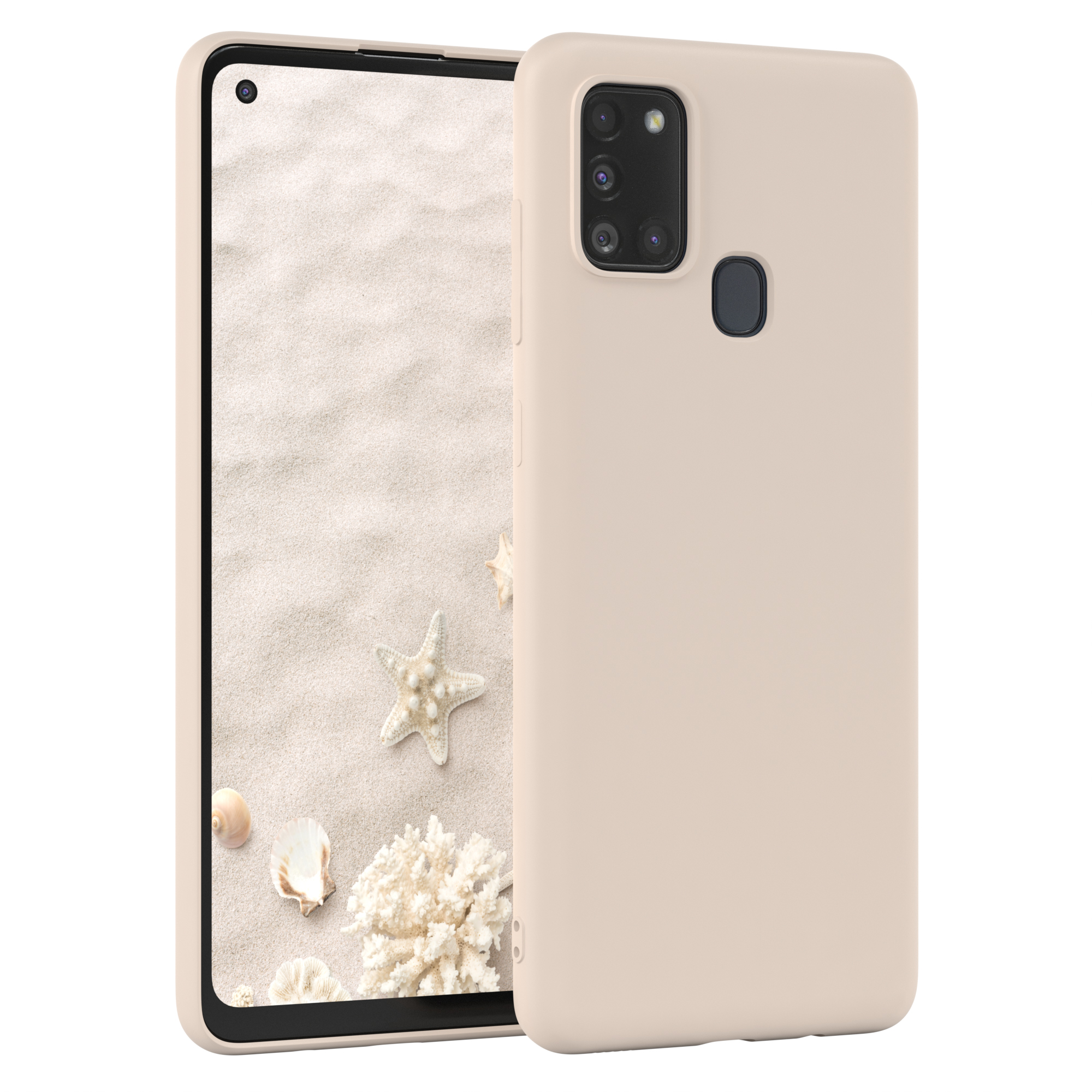 Beige Handyhülle, Bildschirm zeigt Sand, Seestern, Muscheln. Der Hintergrund ist weiß.