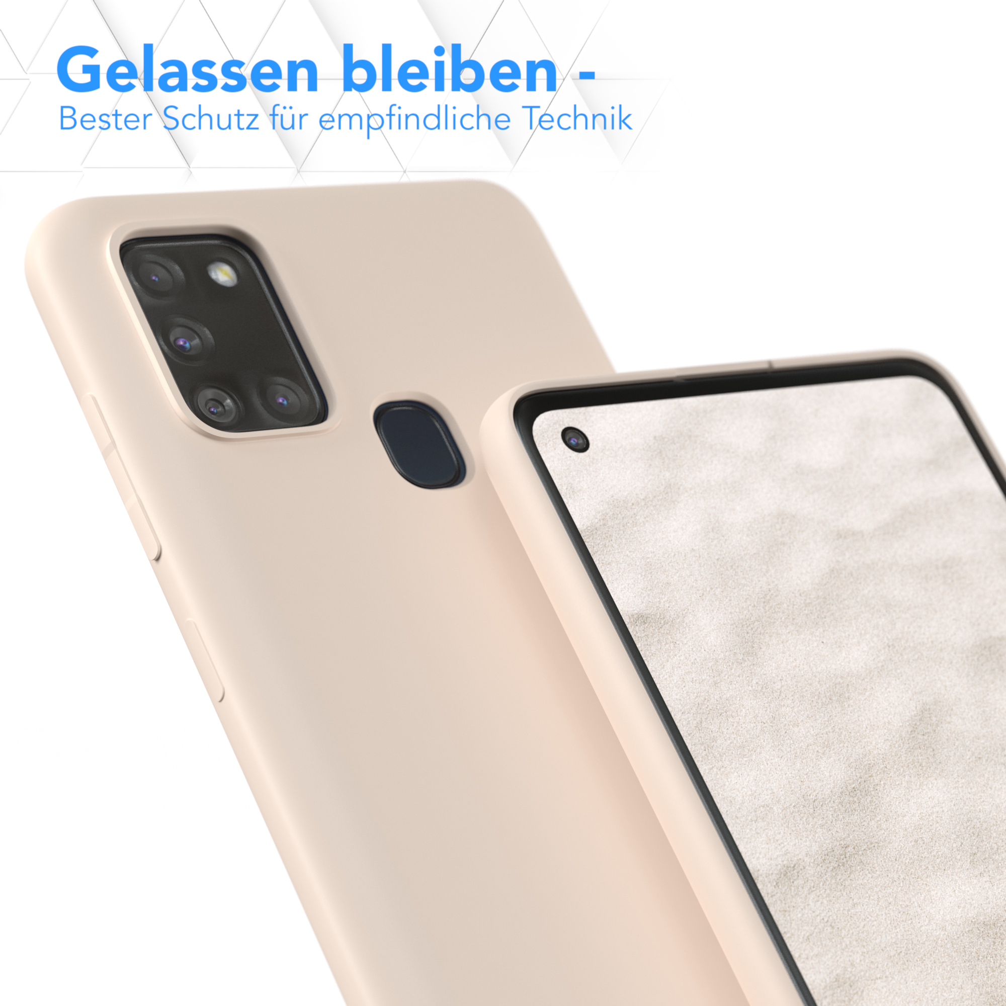 Eine beige Handyhülle und ein passendes Telefon. Die Hülle ist auf weißem Grund.