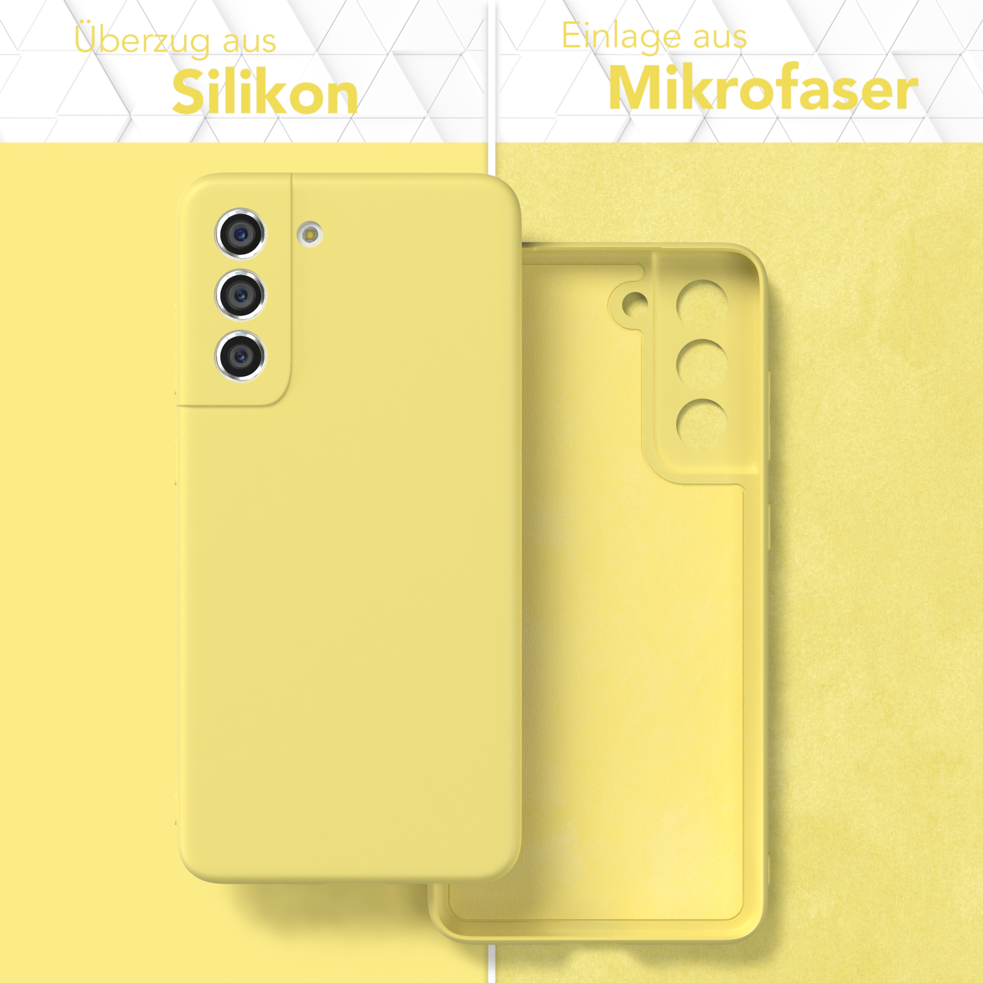 Gelbe Handyhülle mit Telefon. Die Hülle besteht aus Silikon. Die Innenseite ist Mikrofaser.
