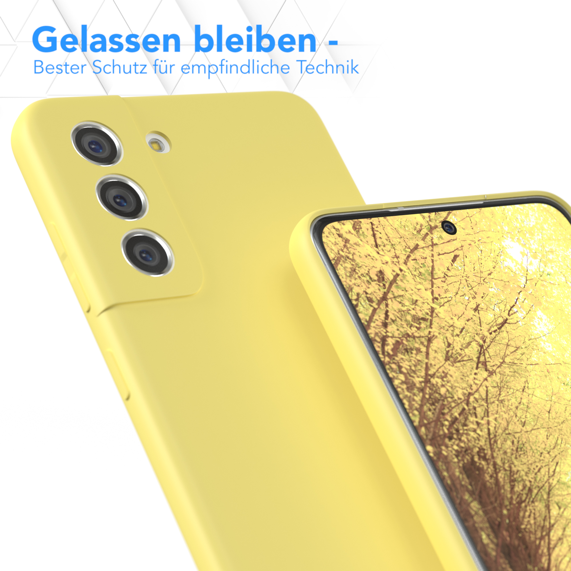 Eine gelbe Handyhülle neben einem Handy, das eine Waldszene zeigt. Der Hintergrund ist verschwommen.