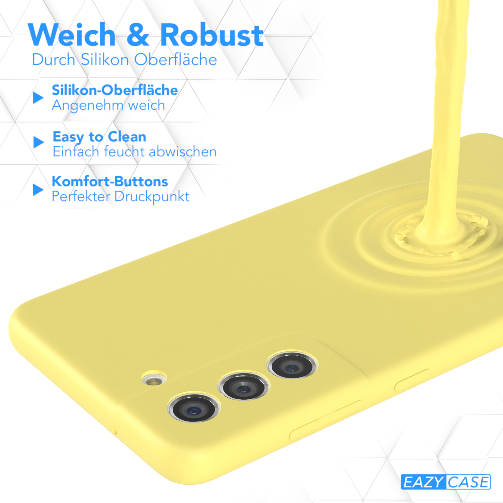 Eine gelbe Handyhülle mit einer Flüssigkeit, die darauf gegossen wird. Text: Weich & Robust.