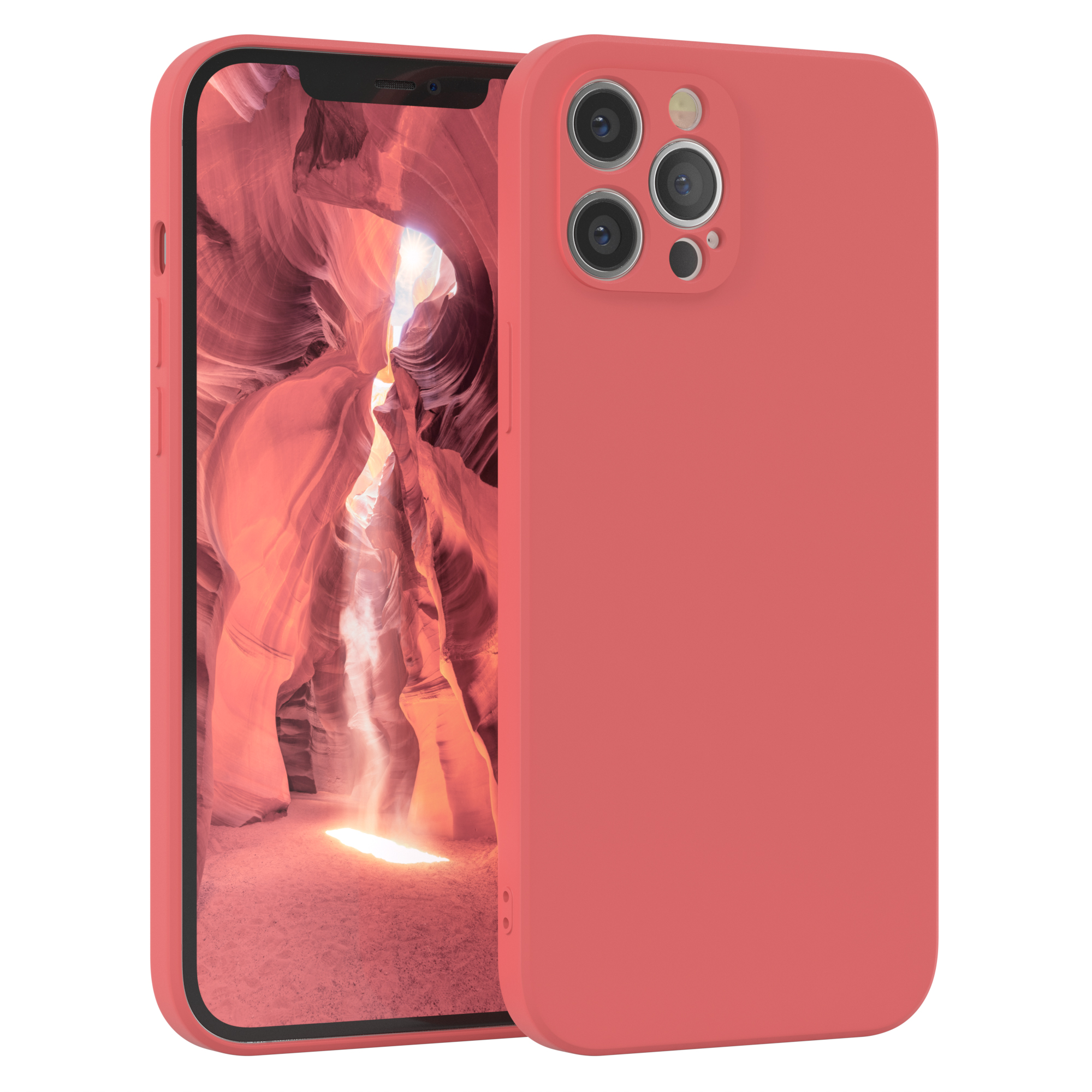 Eine korallenfarbene Handyhülle und ein Telefon mit einem Canyon-Hintergrund. Das Telefon hat mehrere Kameras.