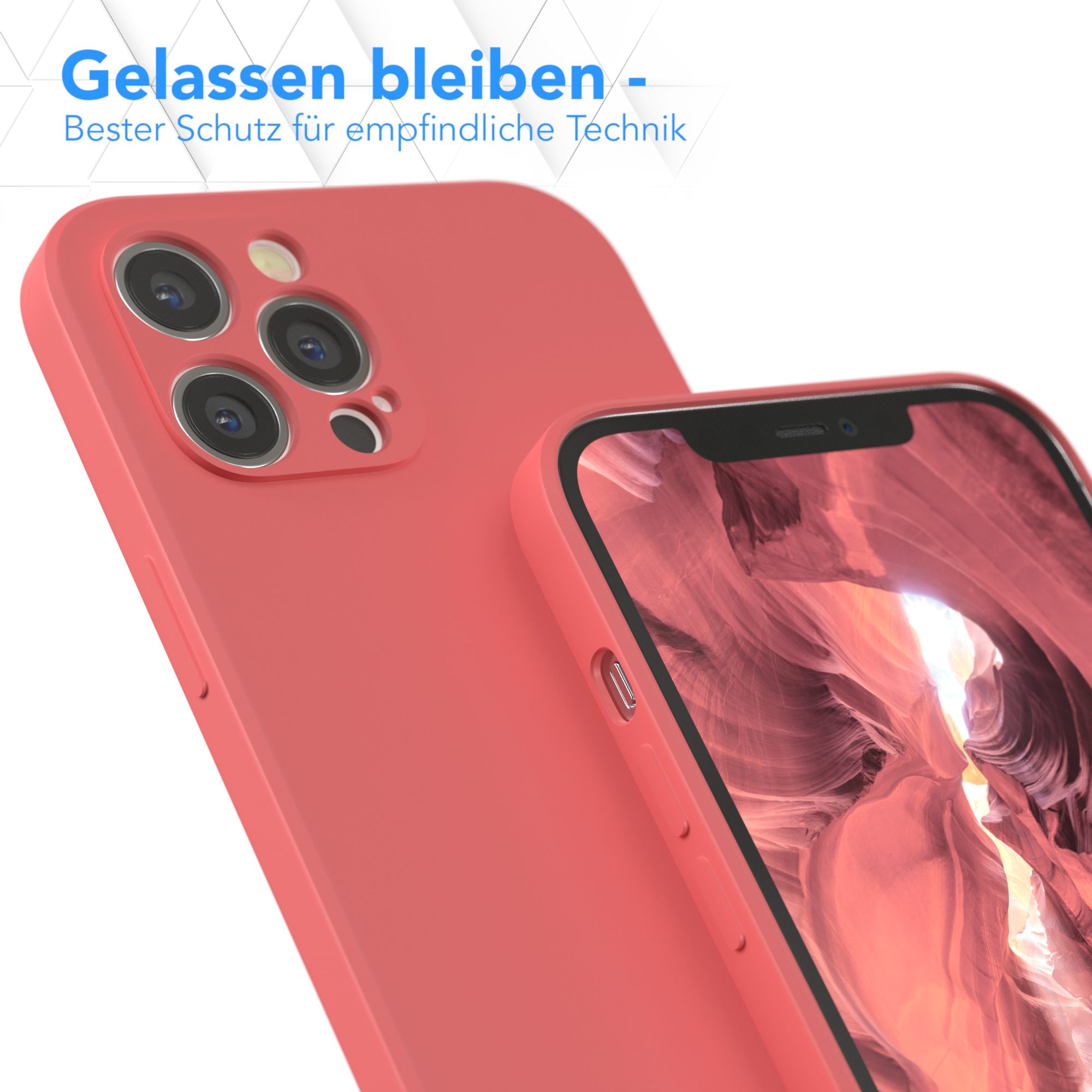 Nahaufnahme von zwei korallfarbenen Handyhüllen. Die hintere Hülle hat Kameraausschnitte.