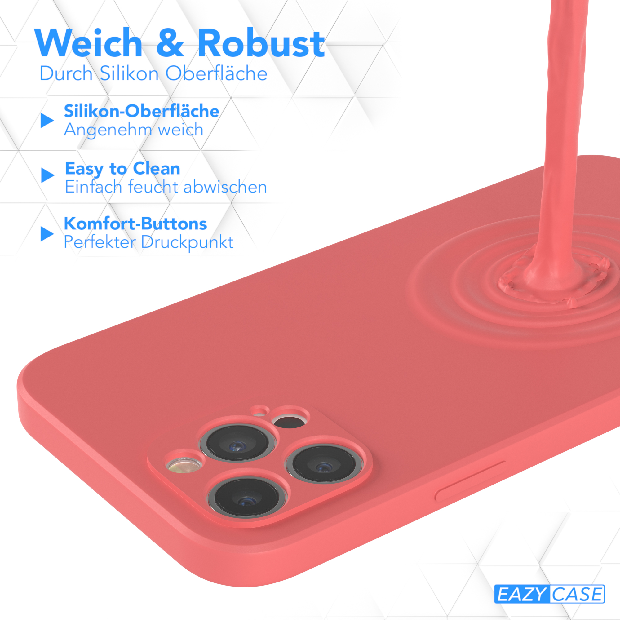 Rote Handyhülle mit Flüssigkeit, die darauf gegossen wird. Text: Weich & Robust, Easy to Clean, Komfort-Buttons.