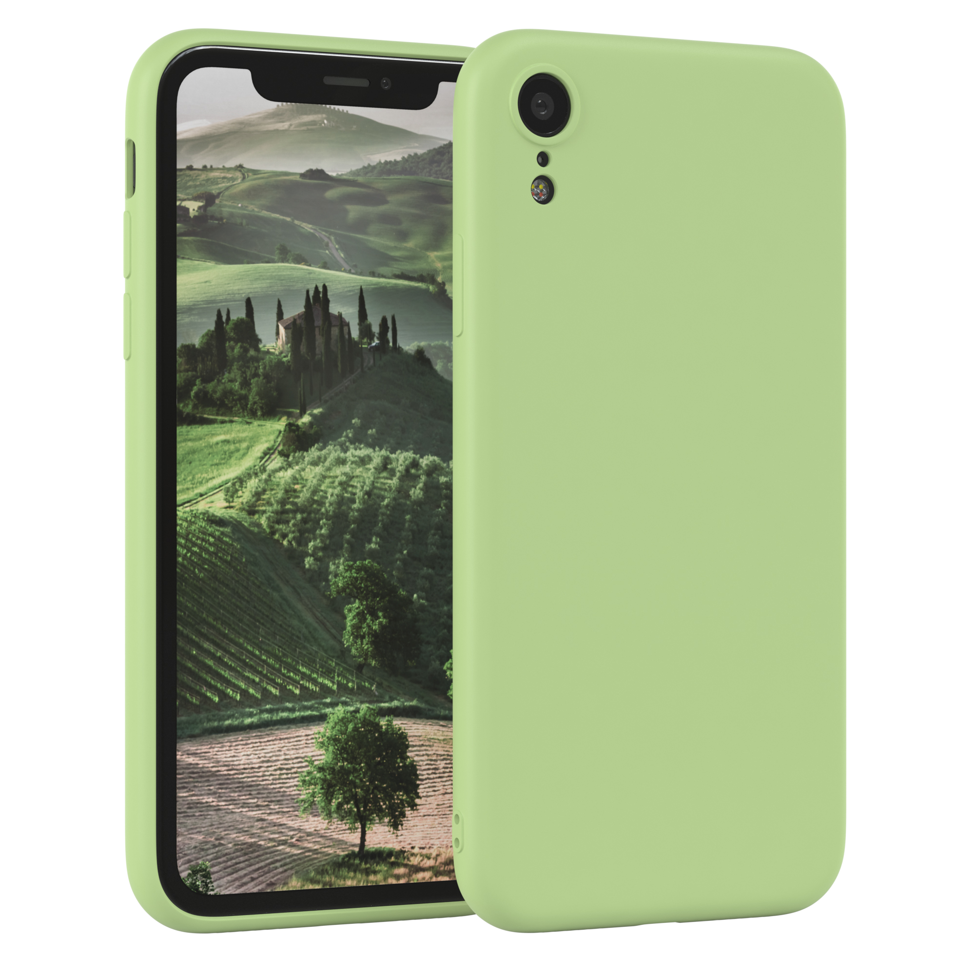 Grüne Handyhülle mit Telefon. Das Telefon zeigt eine Landschaft.