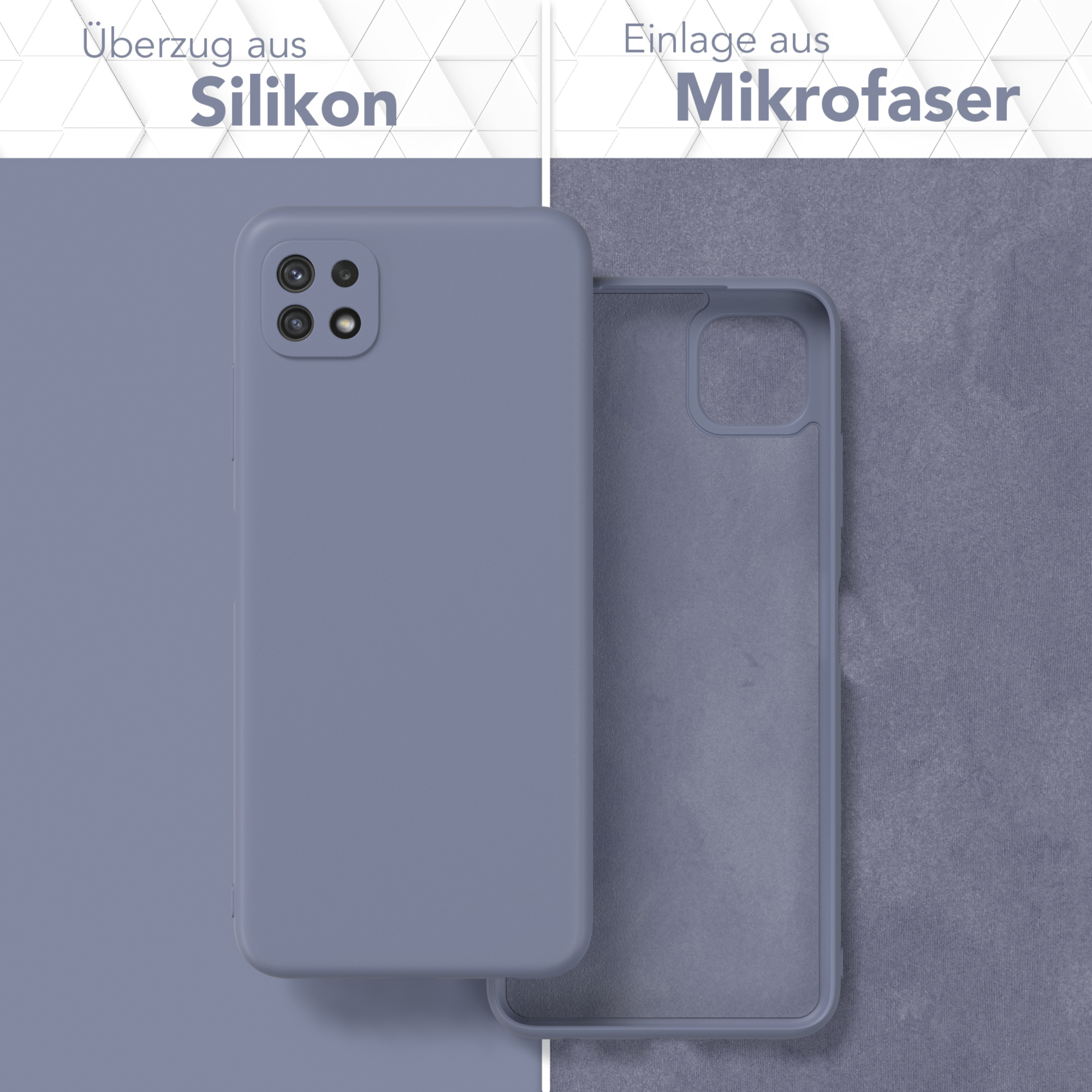 Zwei Handyhüllen, eine mit Telefon, beide blau, mit Text oben, der Silikon und Mikrofaser sagt.