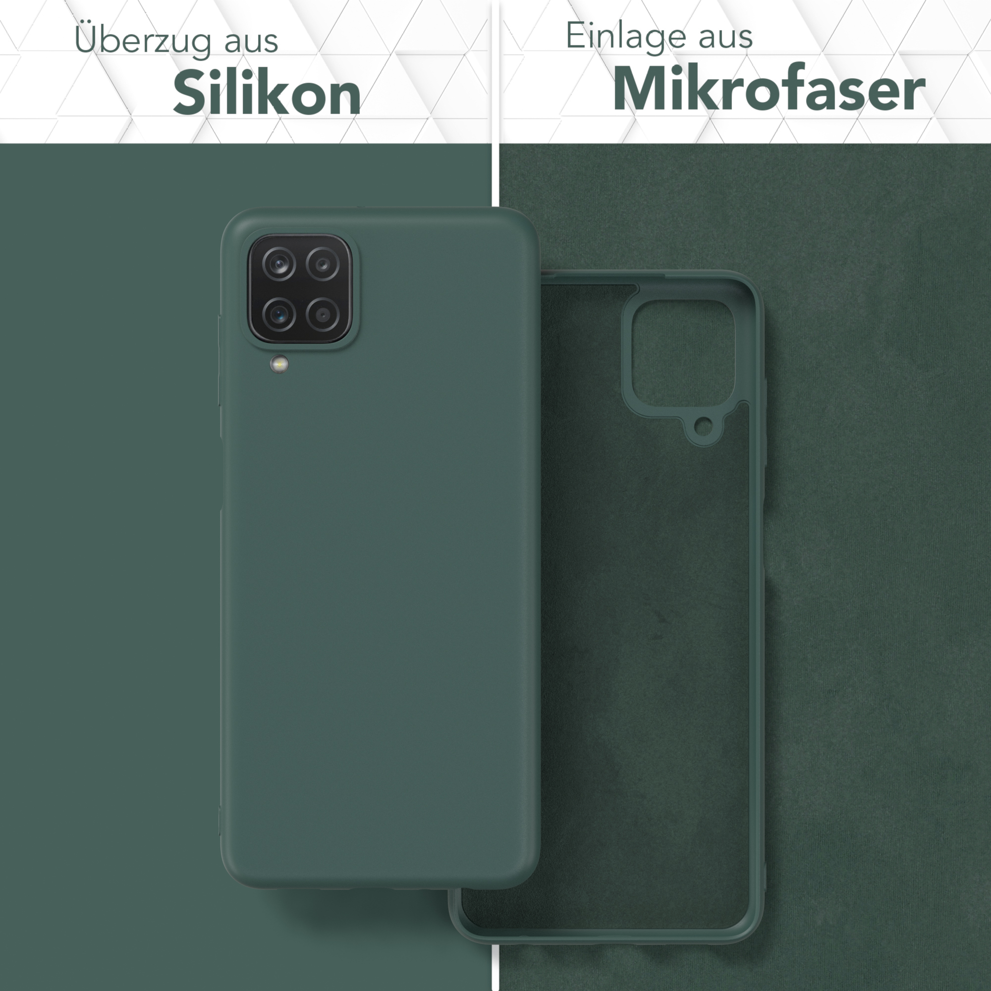 Zwei Handyhüllen: eine ist auf dem Telefon und eine ist separat. Beide sind dunkelgrün. Text sagt Silikon und Mikrofaser.