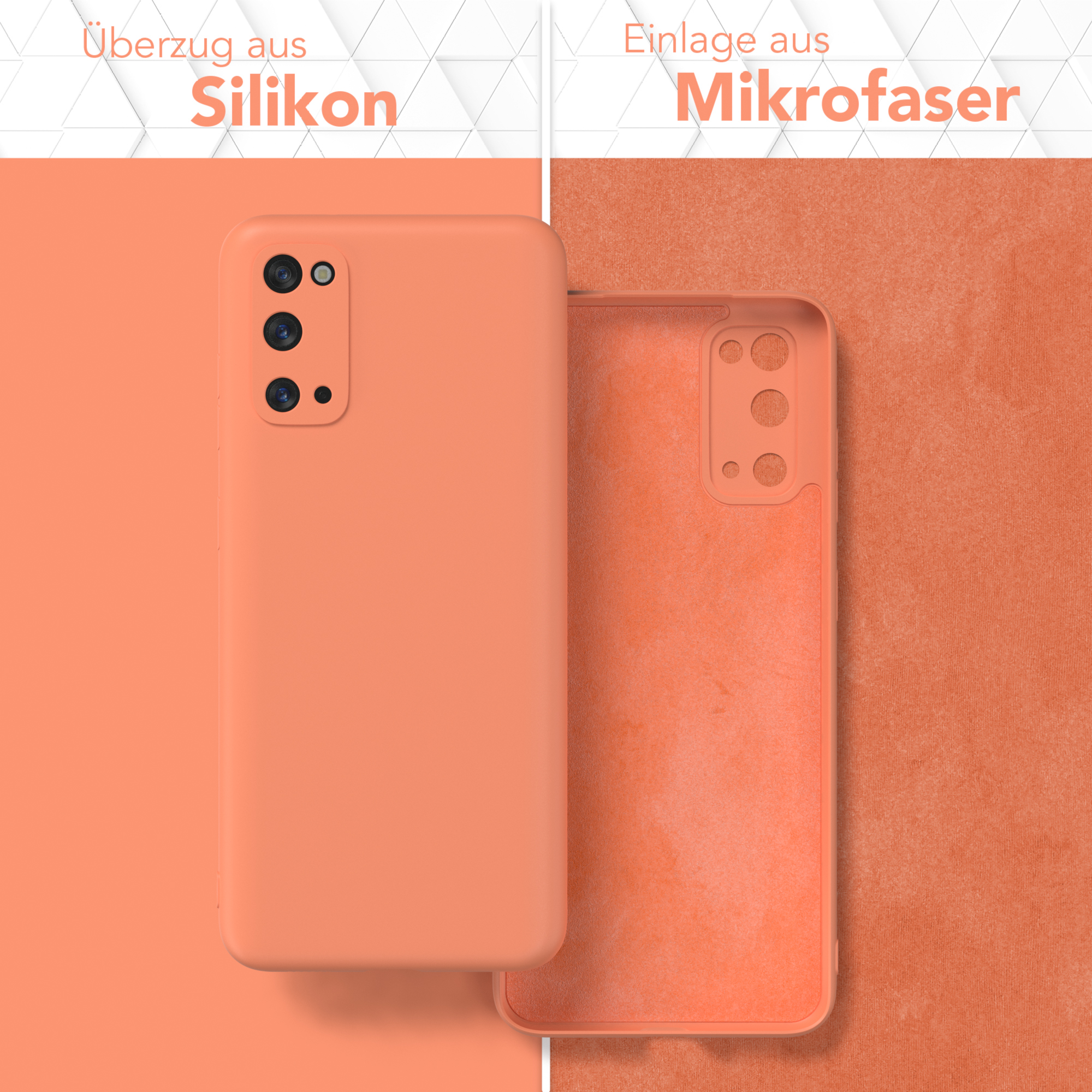 Zwei Handyhüllen, eine orangefarbene mit Silikonoberfläche und die andere mit Mikrofaser-Einsatz.