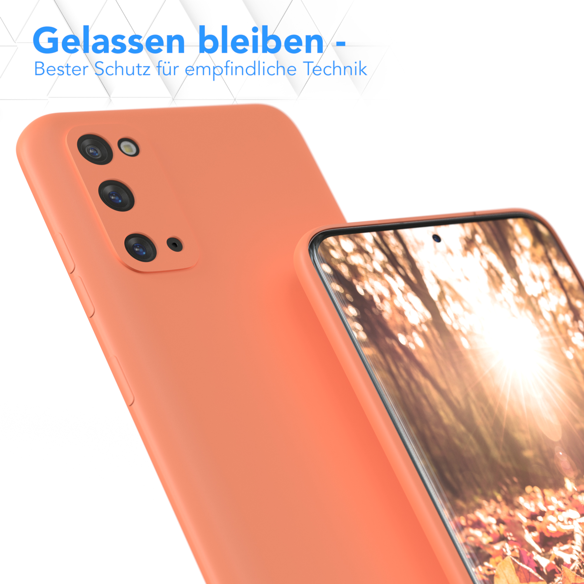 Orange Handyhülle mit Handy. Text zeigt besten Schutz für empfindliche Technik.