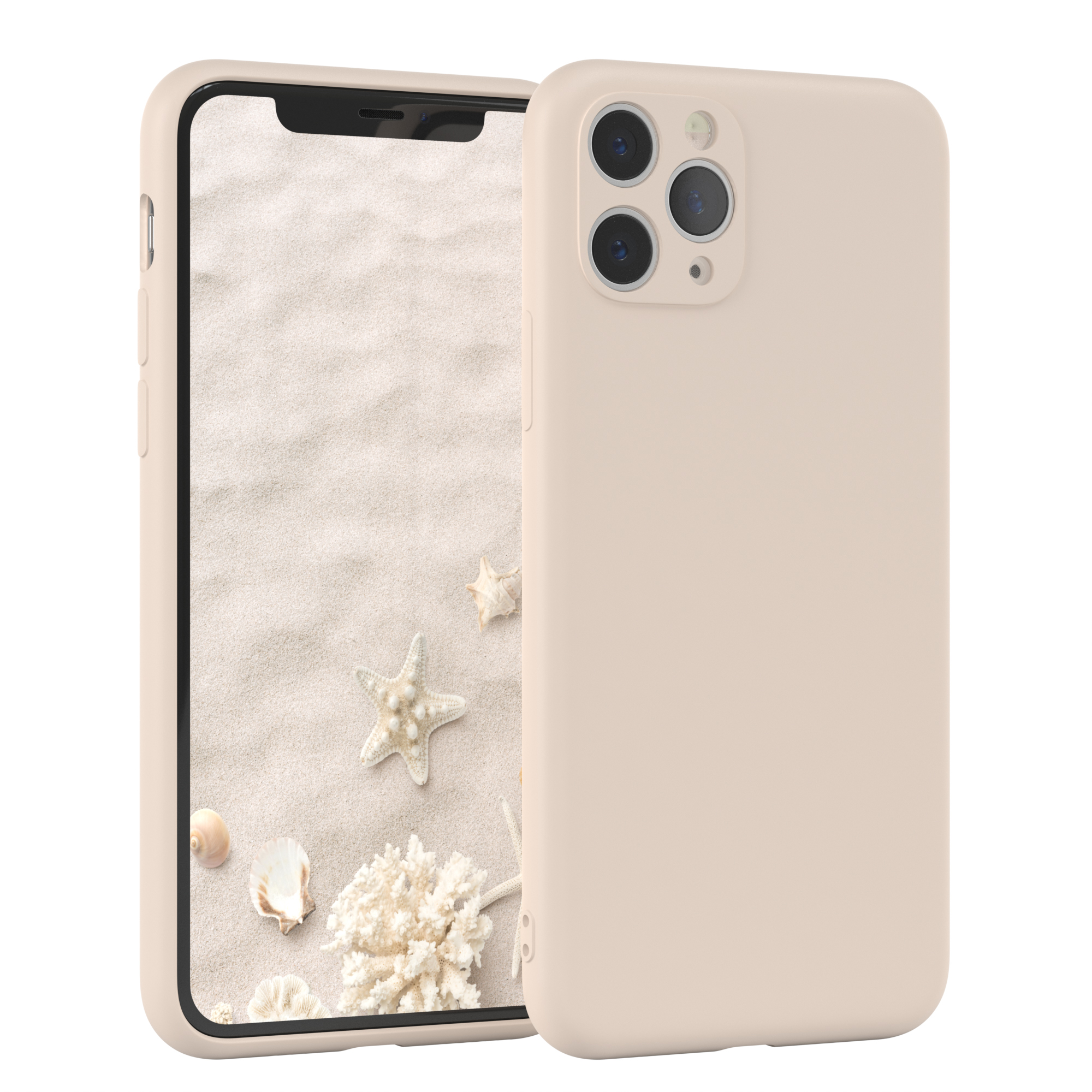 Beige Handyhülle. Ein Telefon mit Hülle, zeigt Strandszene.