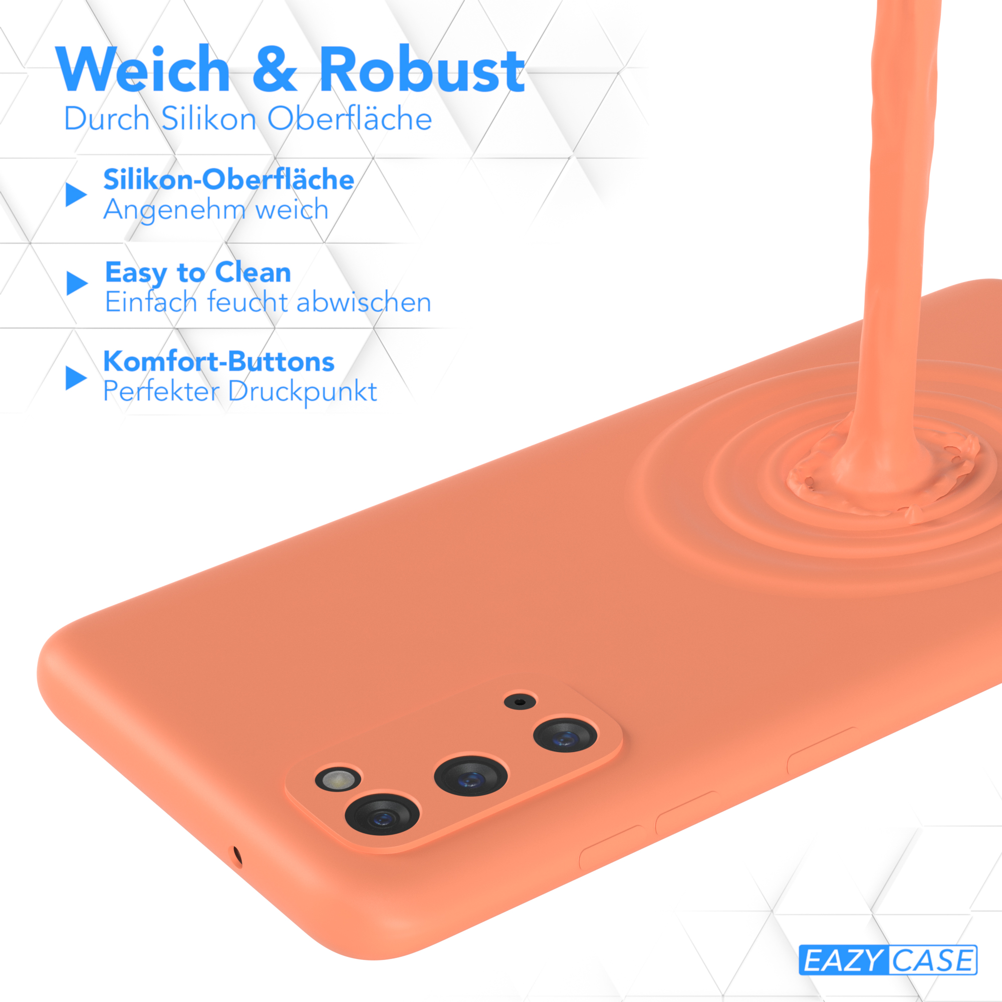 Orange Handyhülle, Flüssigkeit gießt. Text: Weich & robust.