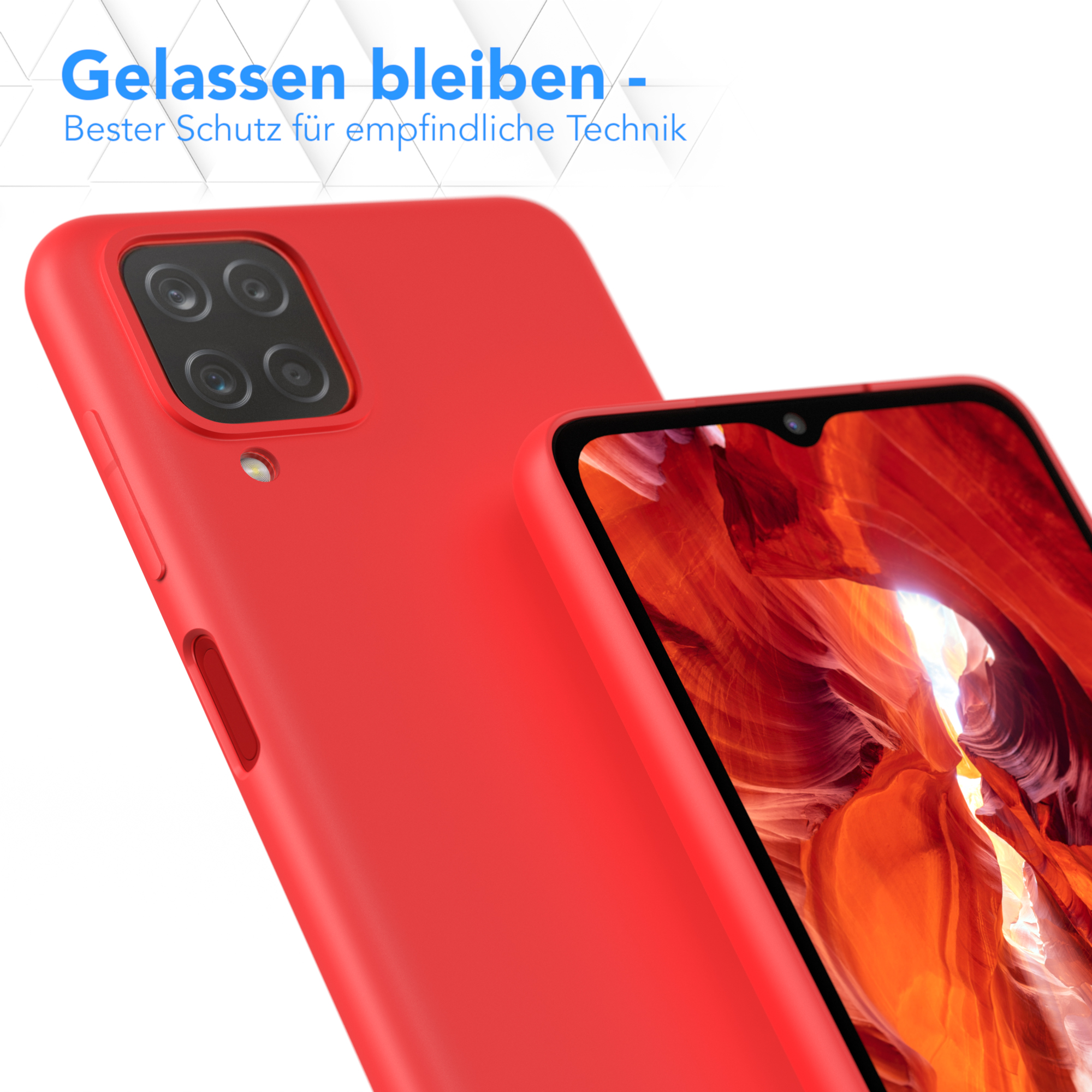 Rote Handyhülle mit Kameralinsen. Im Hintergrund eine weitere Hülle. Deutscher Text: 'Bleib ruhig'.