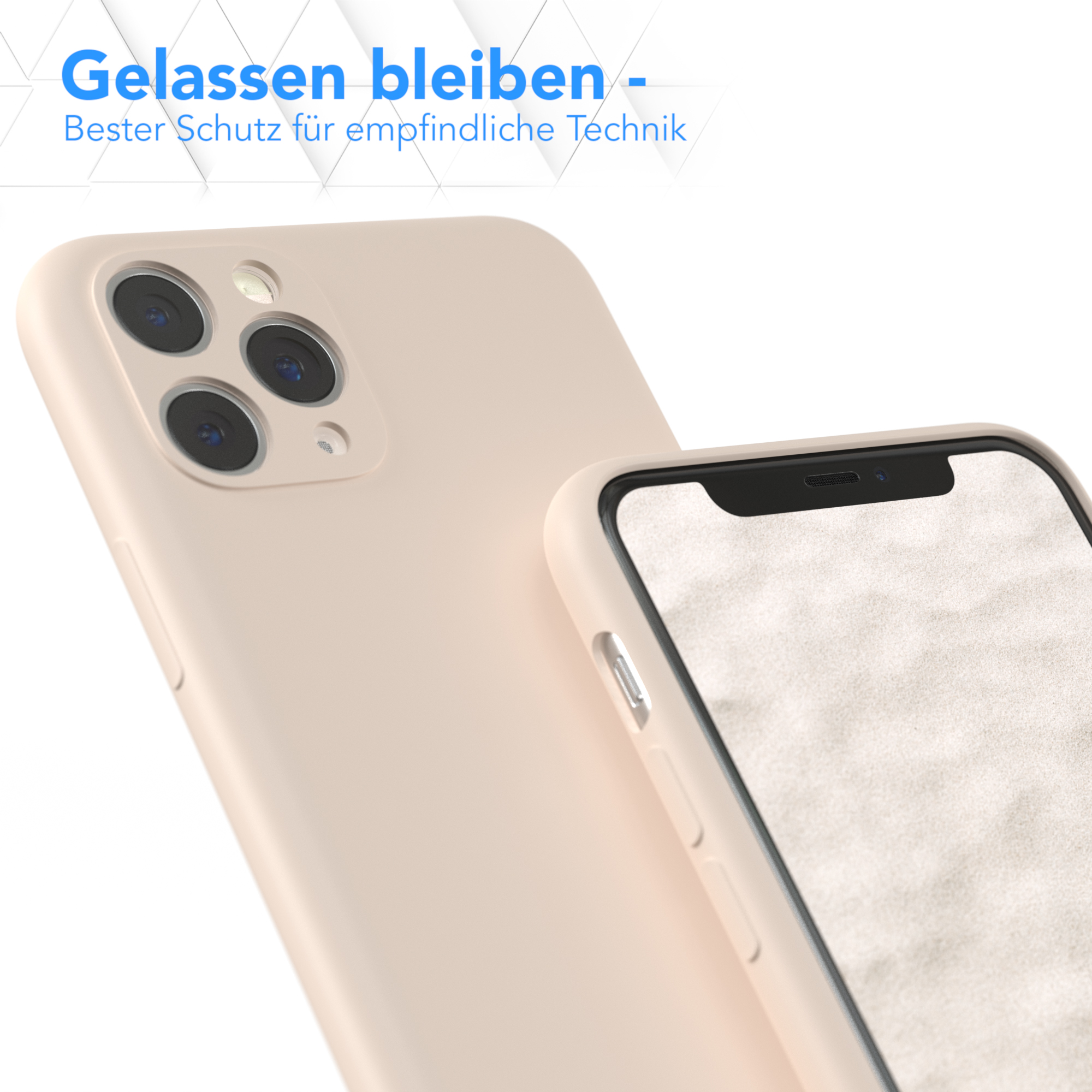 Nahaufnahme von zwei Handyhüllen, eine auf einem Telefon, mit Text, der Schutz anzeigt.