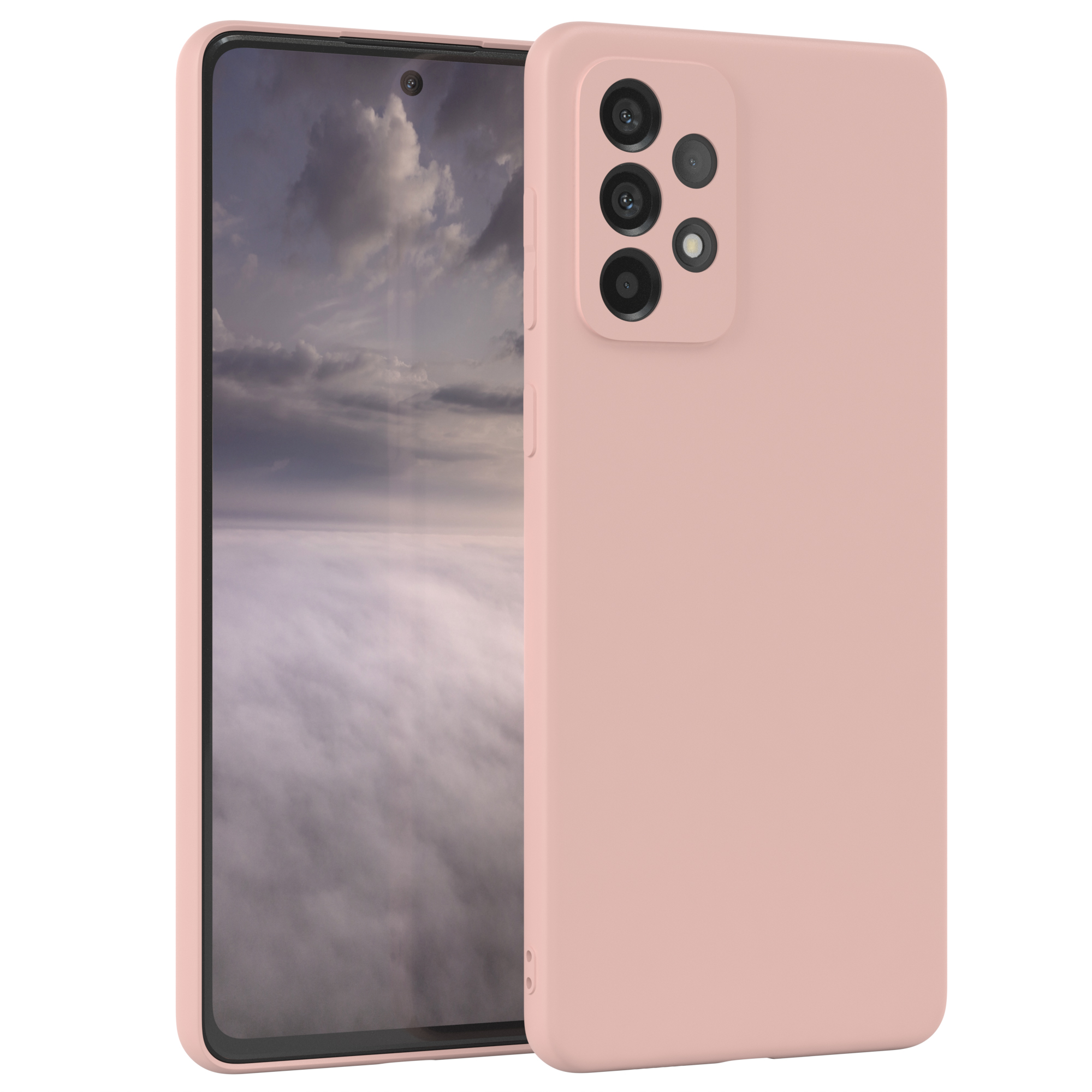 Ein rosa Telefon in einer Hülle mit einem Landschaftsbild auf dem Bildschirm.